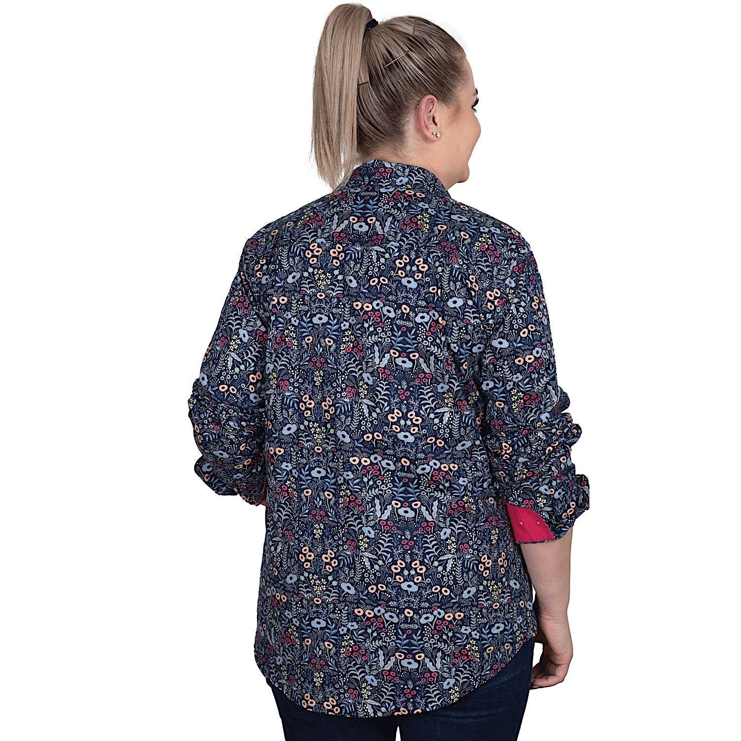 Just Country Women's Georgie Half Button Print Work Shirt - Navy Meadow Flowers/Hot Pink - Image 2