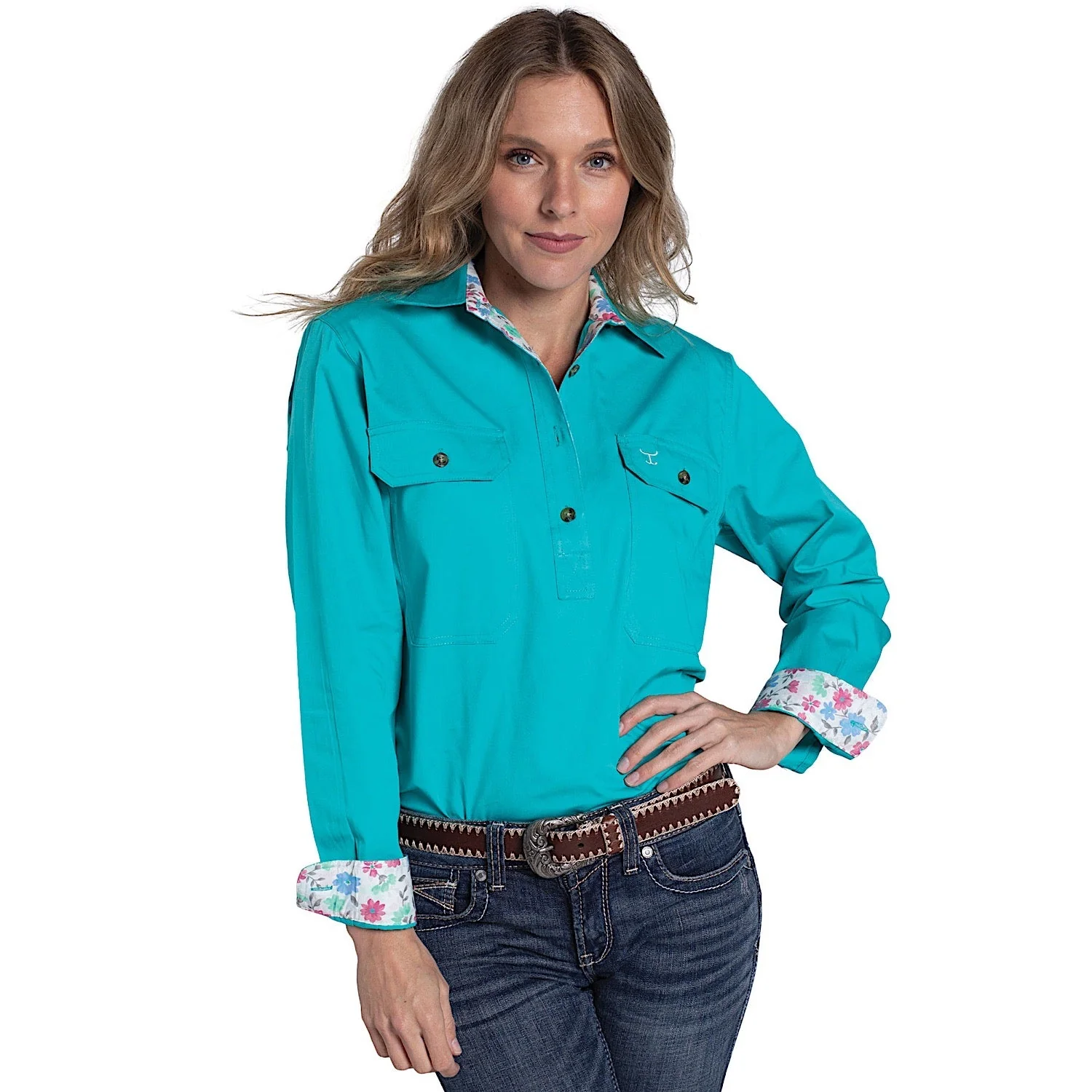 Just Country Women's Jahna Trim Half Button Workshirt - Turquoise