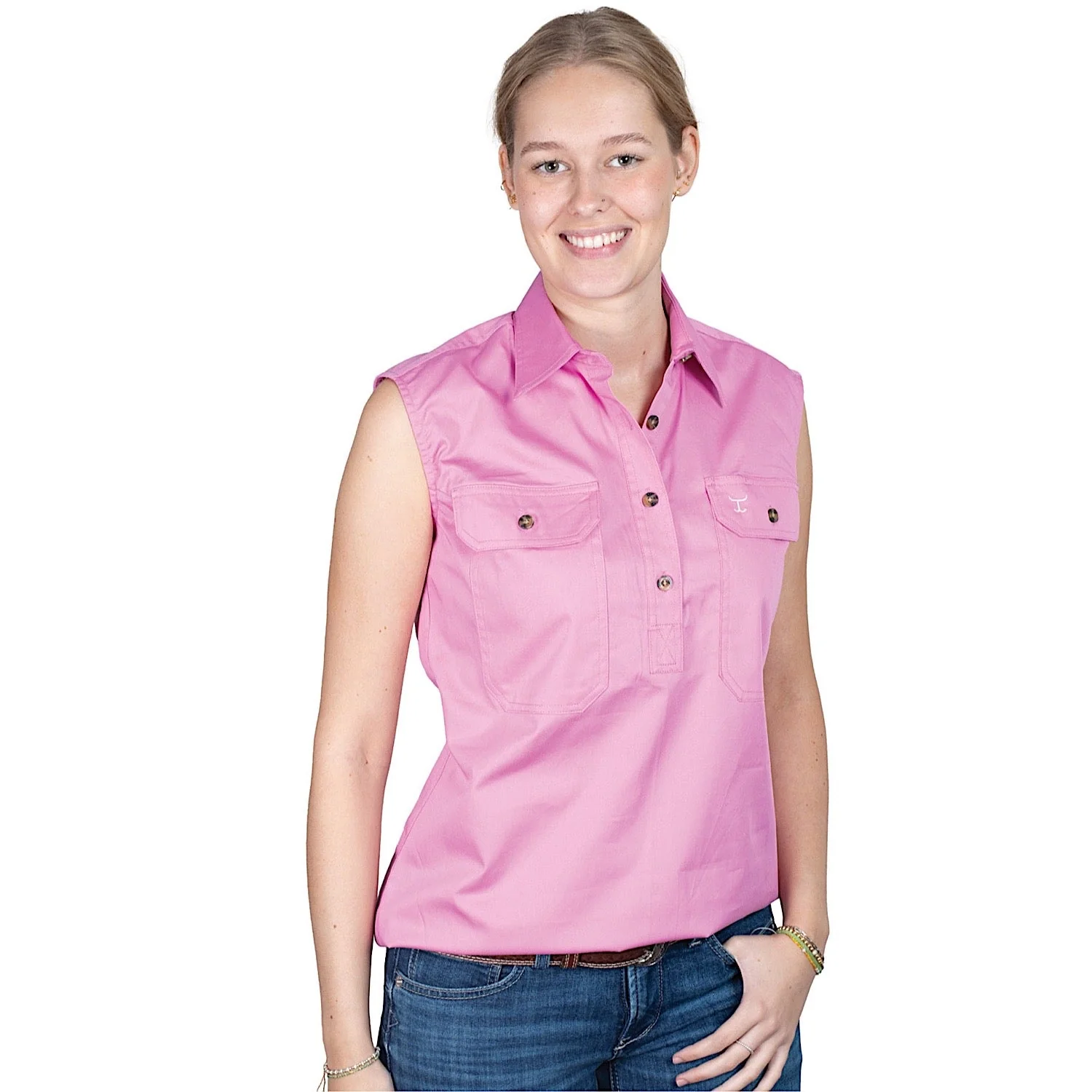 Just Country Women's Kerry Half Button Sleeveless Workshirt - Musk