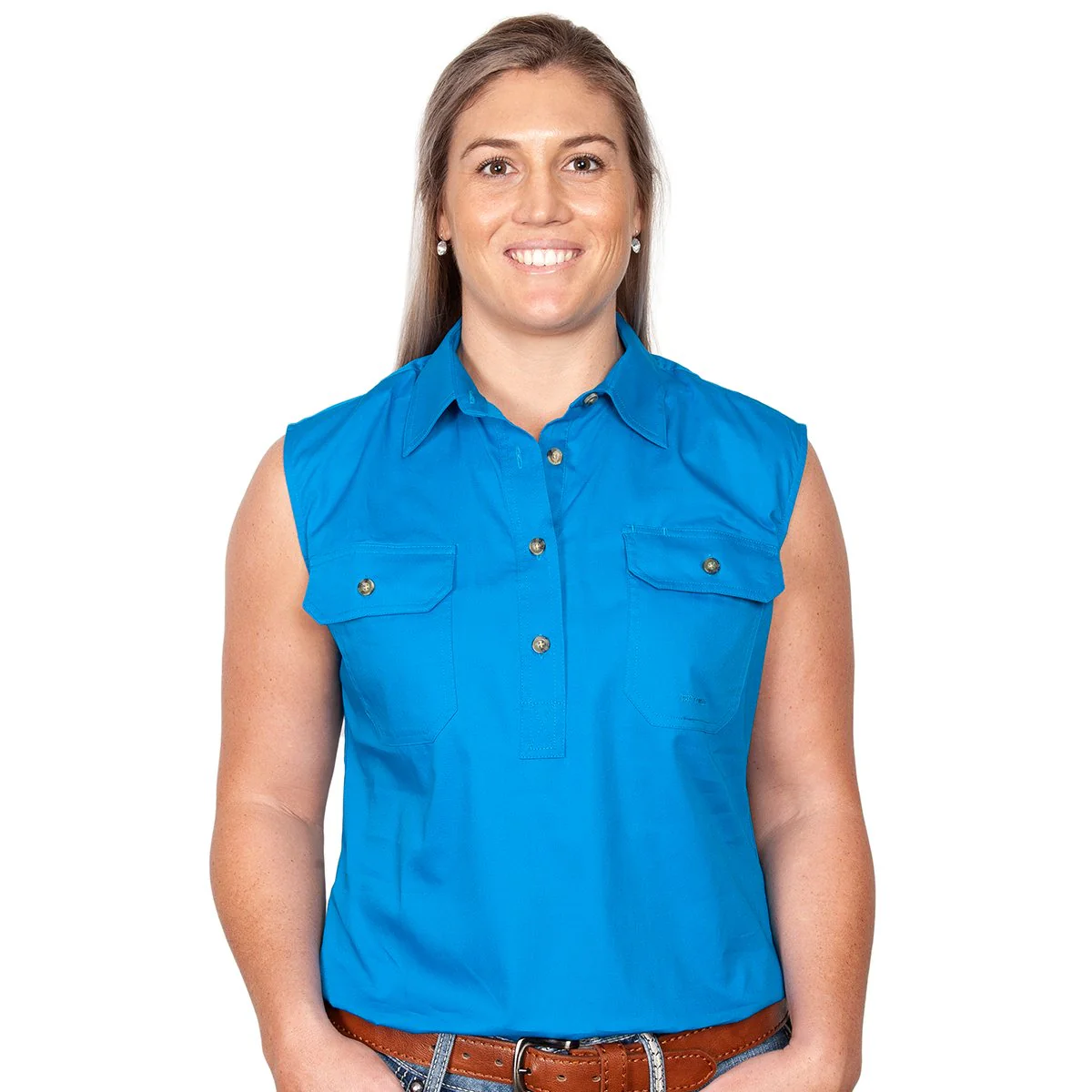 Just Country Women's Kerry Sleeveless Half Button Work Shirt - Blue Jewel