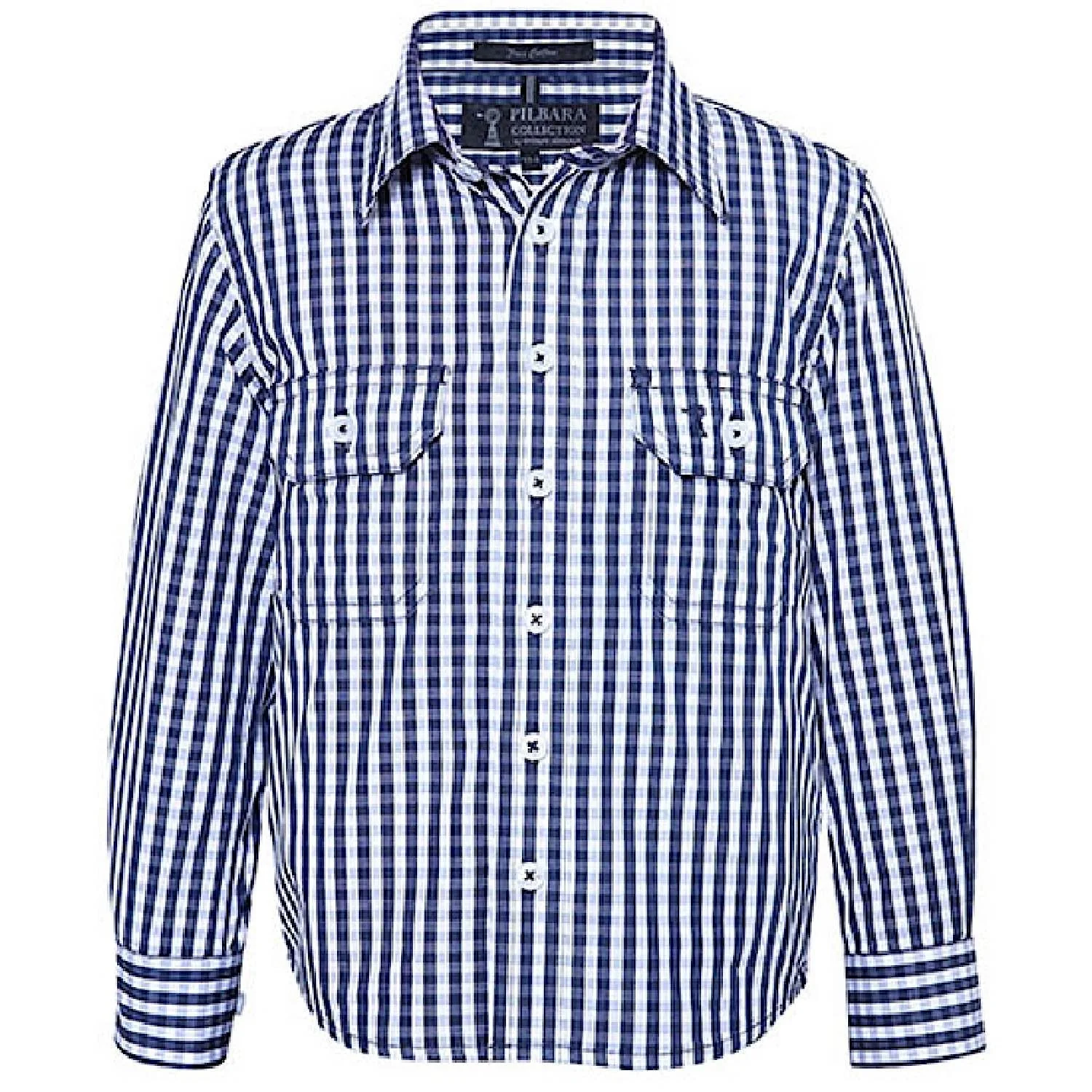 Pilbara Kid's Long Sleeve Shirt - Navy/White Check