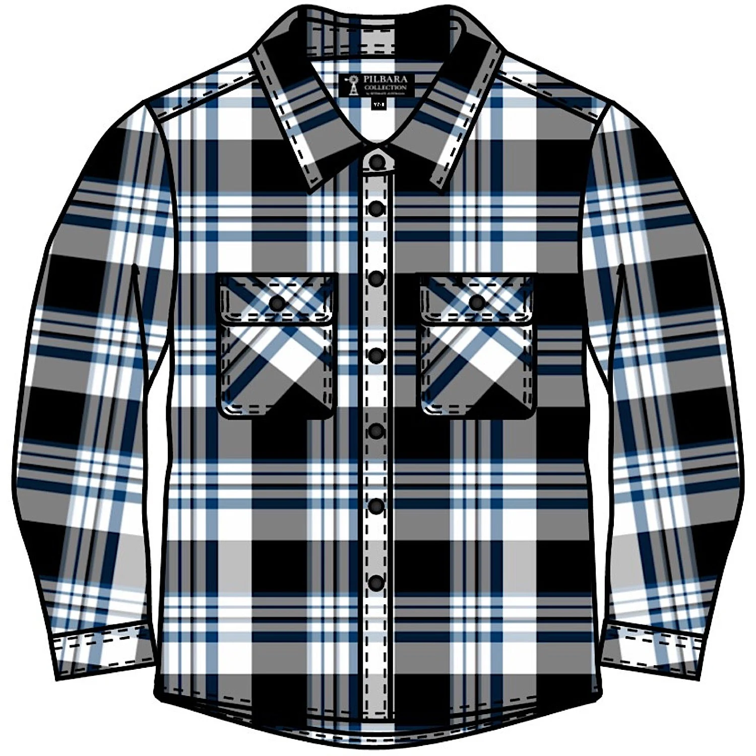 Pilbara Kid's Open Front Flannelette Shirt - Black/White/Slate/Blue