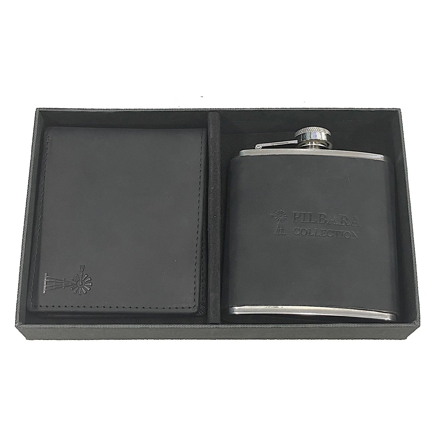 Pilbara Leather Wallet & Hip Flask - Black