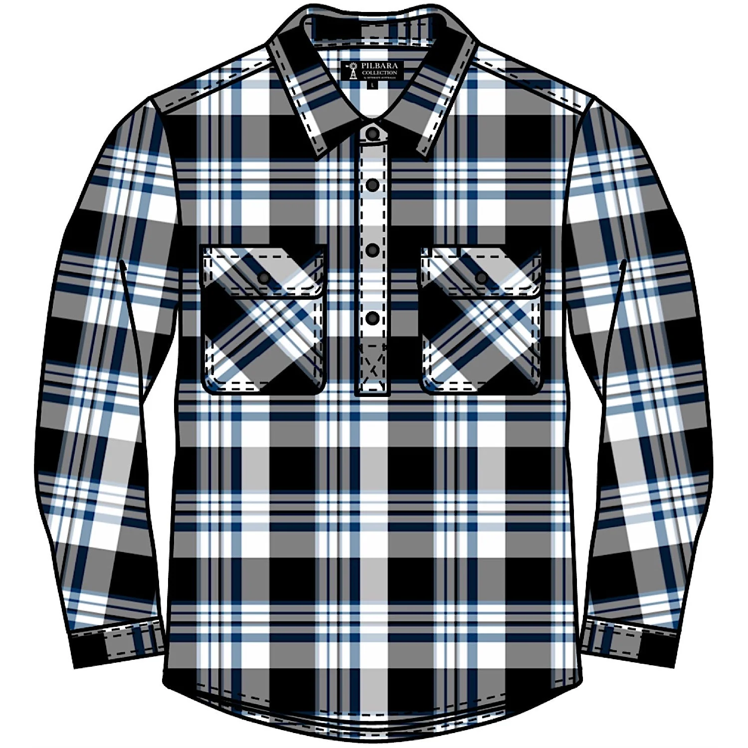 Pilbara Men's Closed Front Flannelette Shirt - Black/White/Slate/Blue