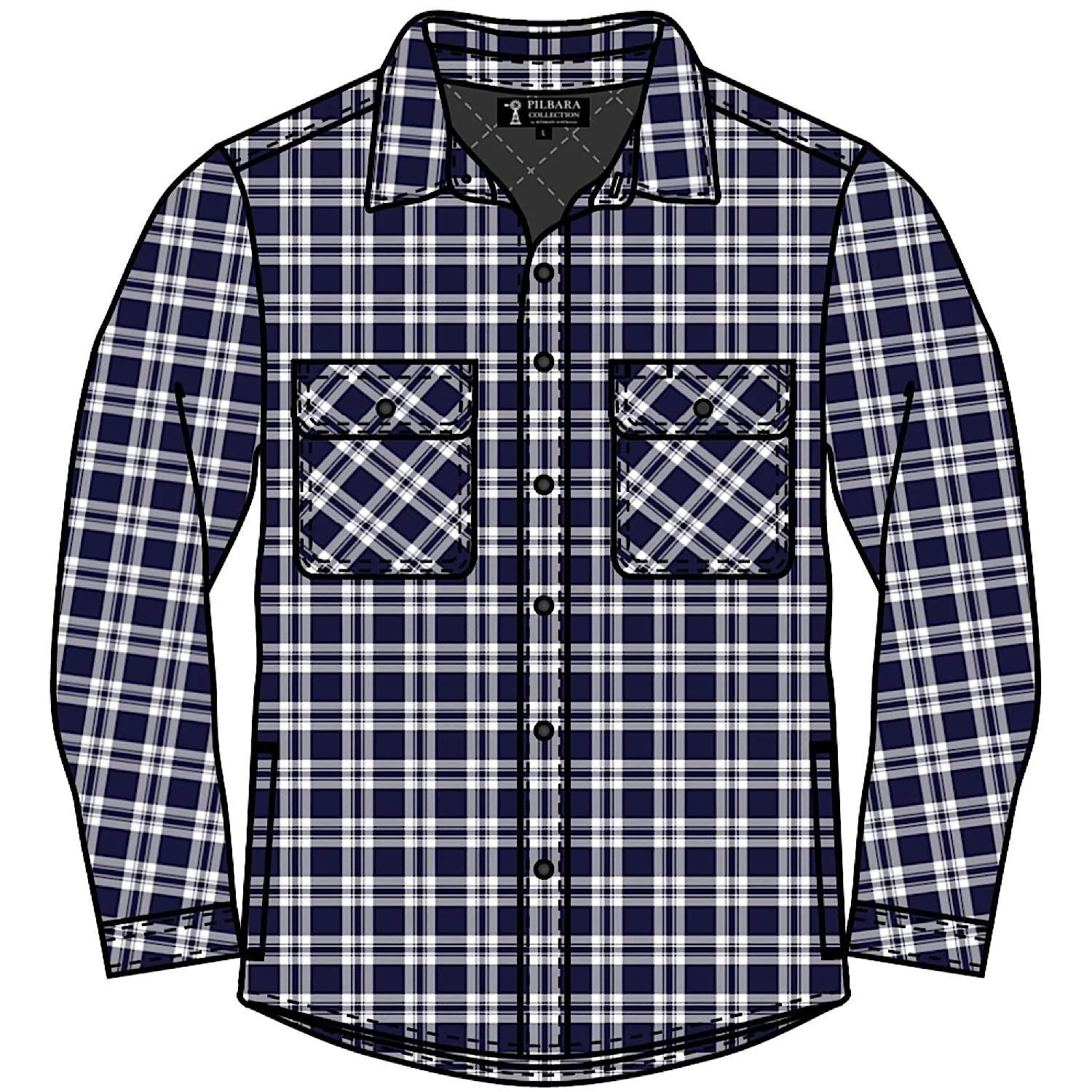 Pilbara Men's Full Button Flannelette Quilted Shirt - Navy / White - Image 2