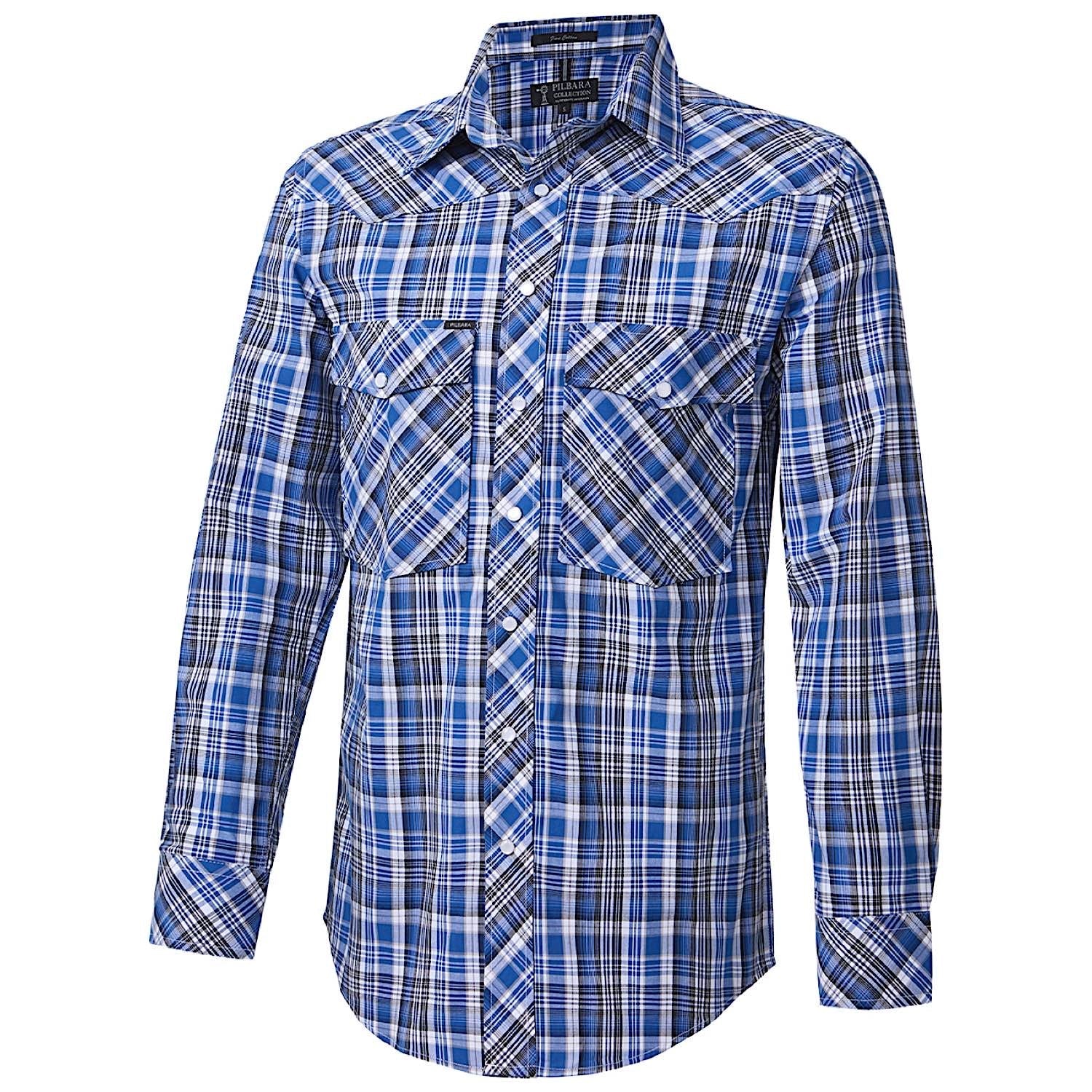 Pilbara Men's Snap Button Western Shirt - Blue / Black / White