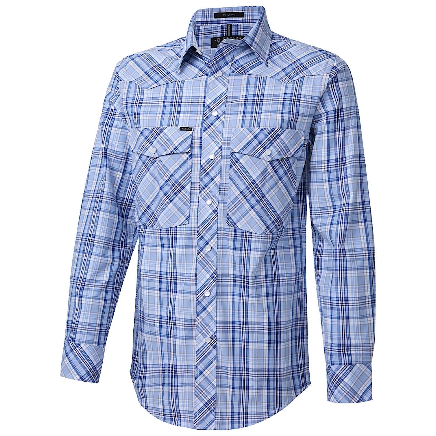 Pilbara Men's Snap Button Western Shirt - Blue / Navy / White