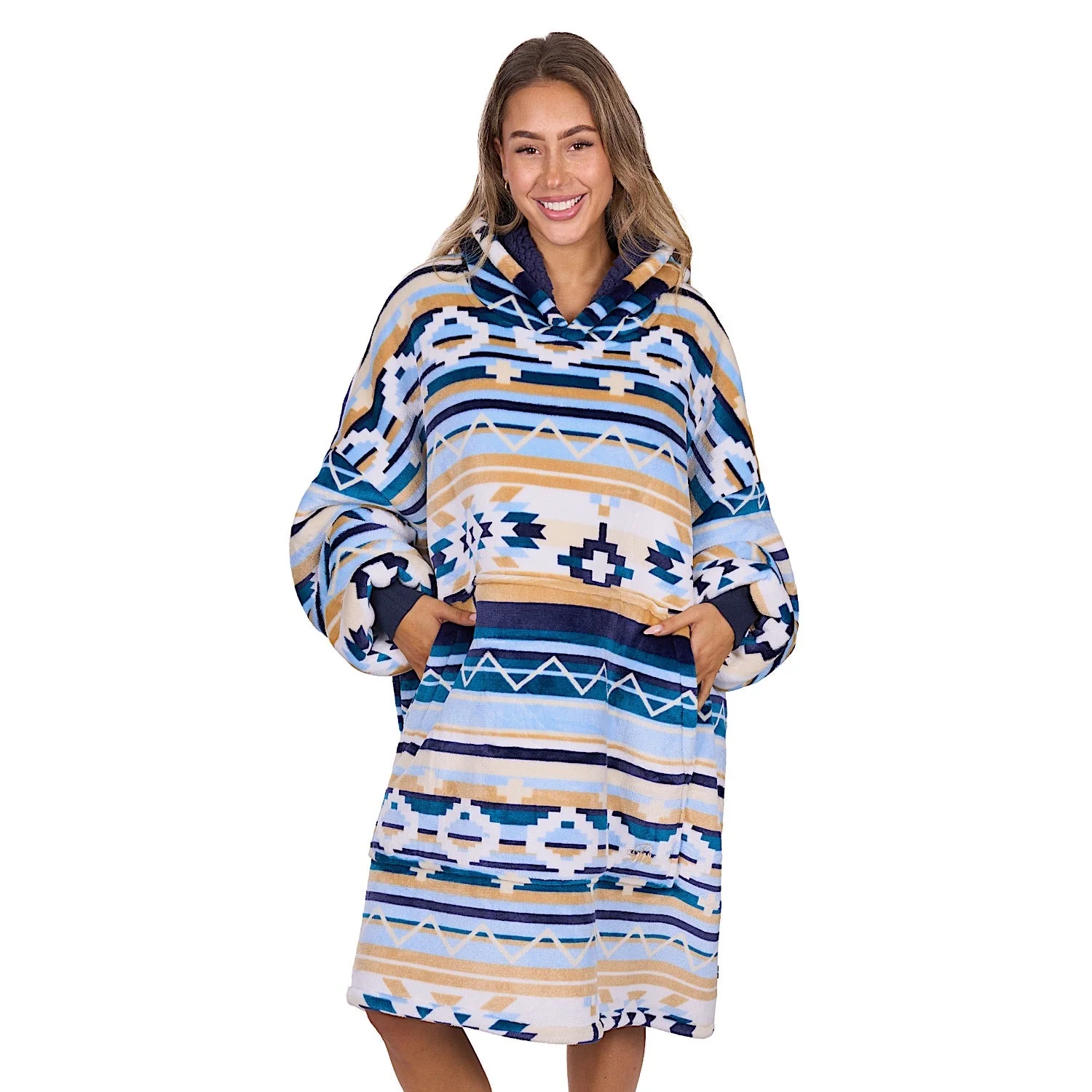 Pure Western Adults Aztec Snuggle Hoodie - Natural/Blue