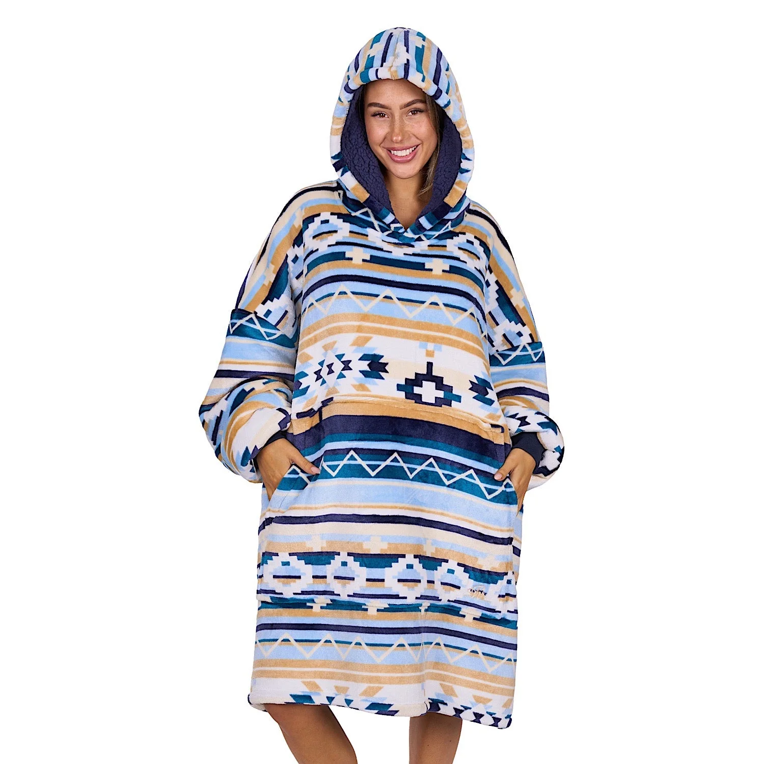 Pure Western Adults Aztec Snuggle Hoodie - Natural/Blue - Image 2