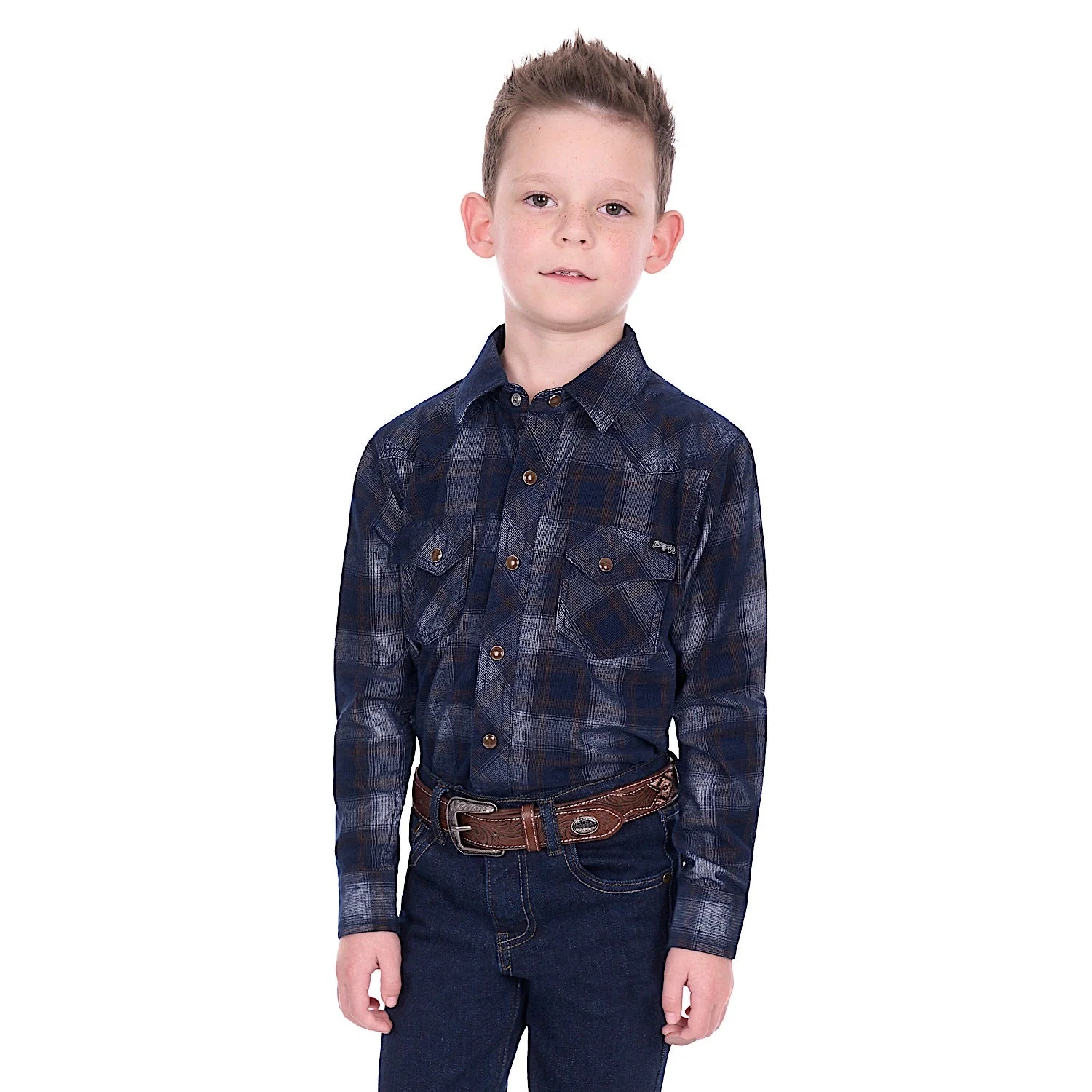 Pure Western Boy's Harley Cord Shirt - Navy/Tan
