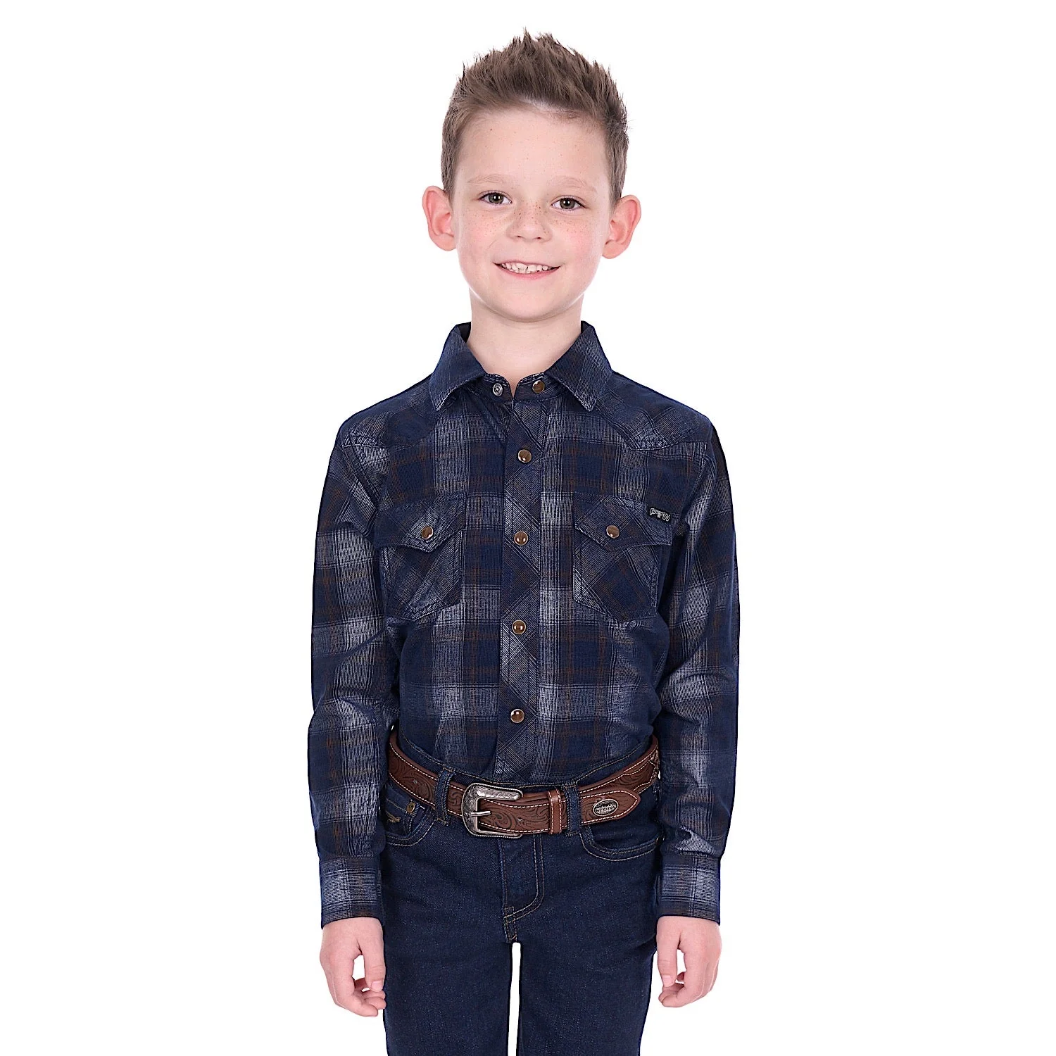 Pure Western Boy's Harley Cord Shirt - Navy/Tan - Image 2