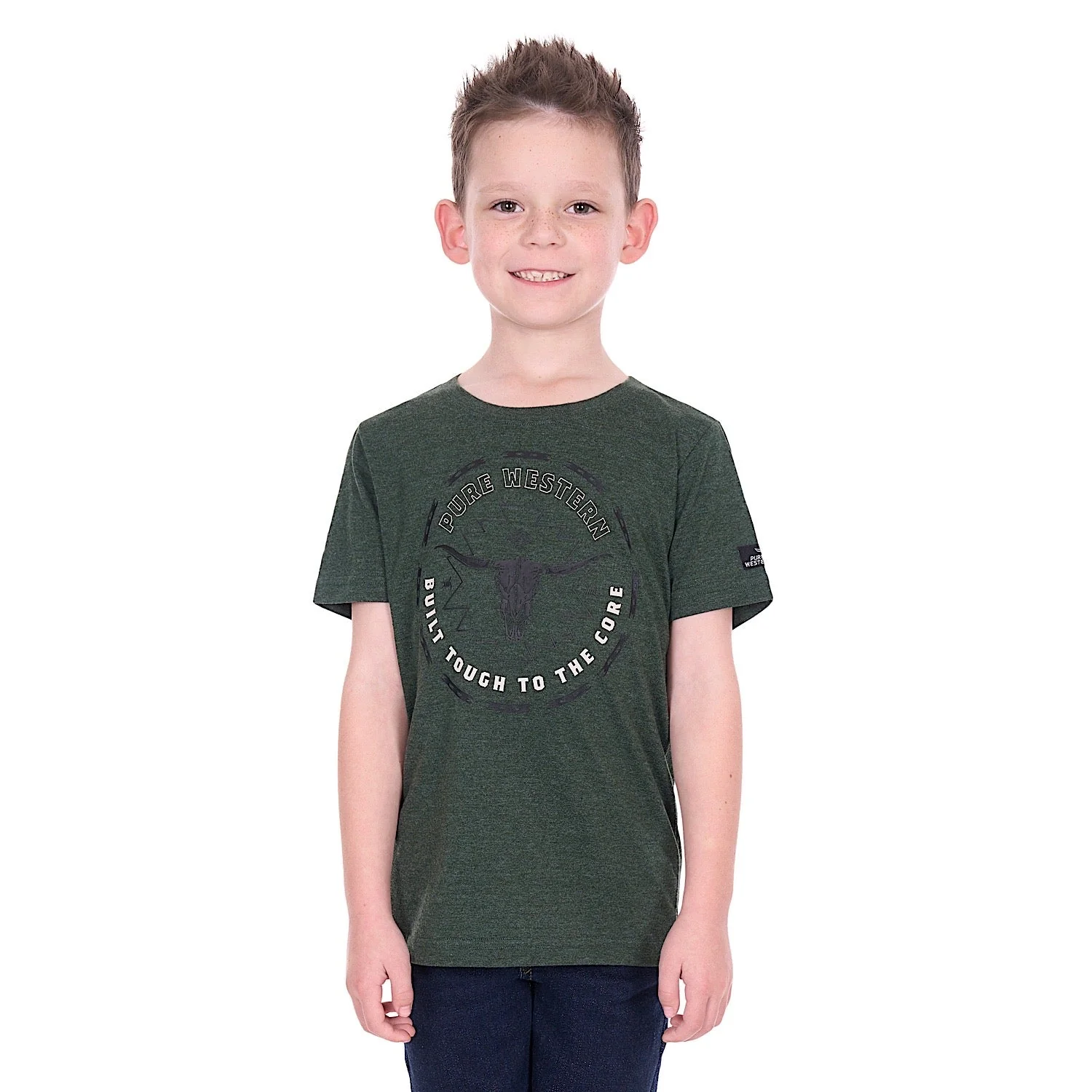 Pure Western Boy's Oscar T-Shirt - Green Marle - Image 2