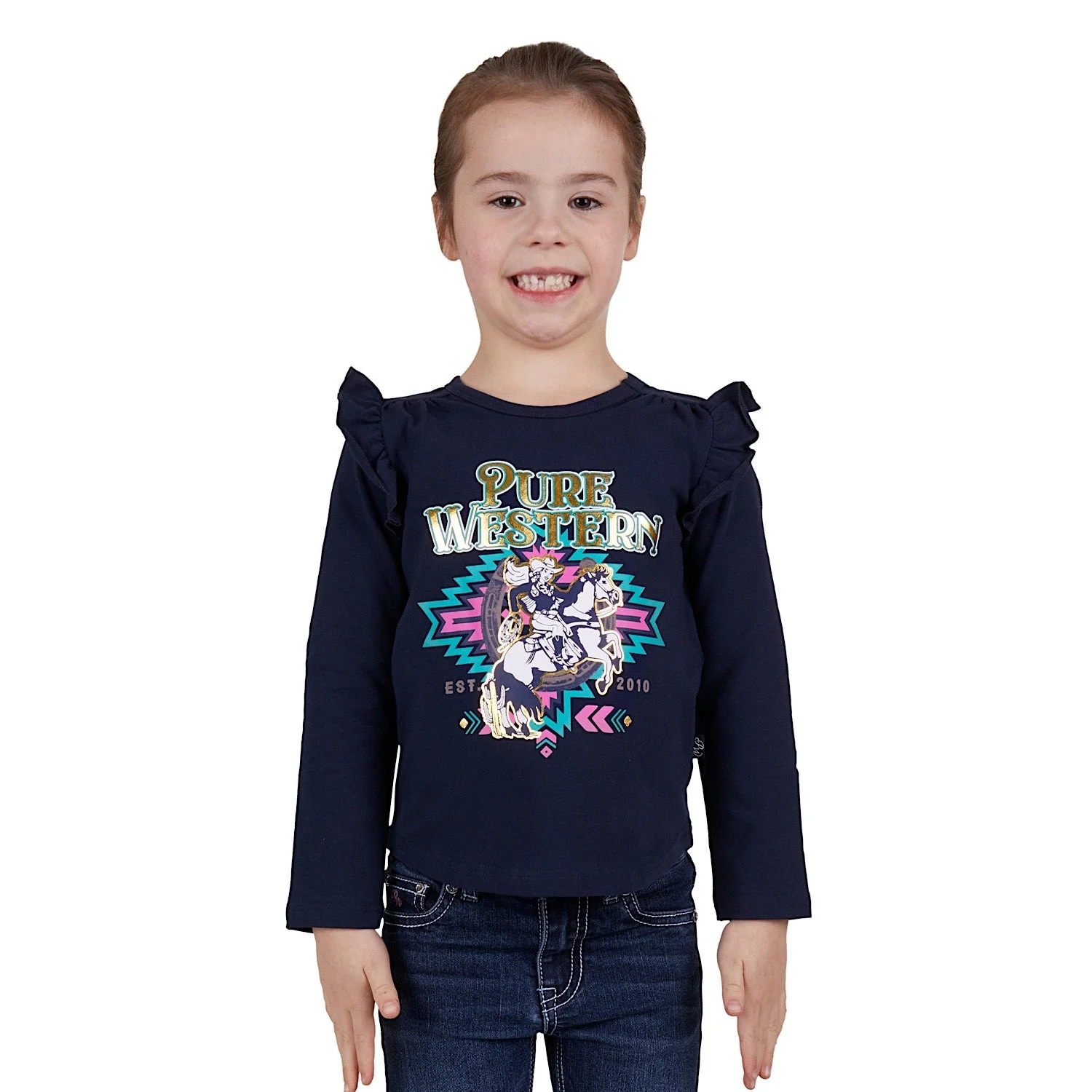 Pure Western Girl's Emma Frill Long Sleeve Tee - Navy