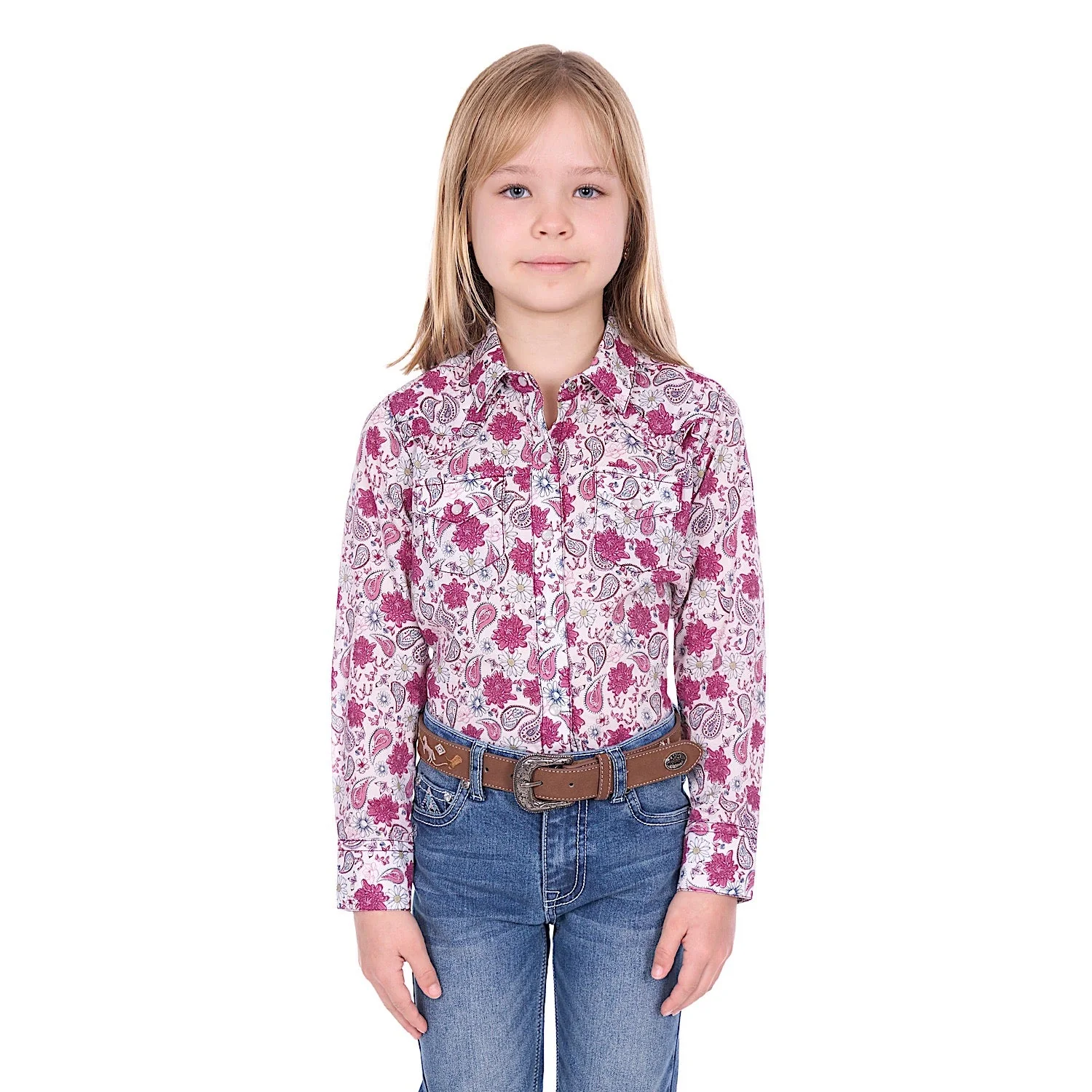 Pure Western Girl's Marsha Shirt - White/Pink