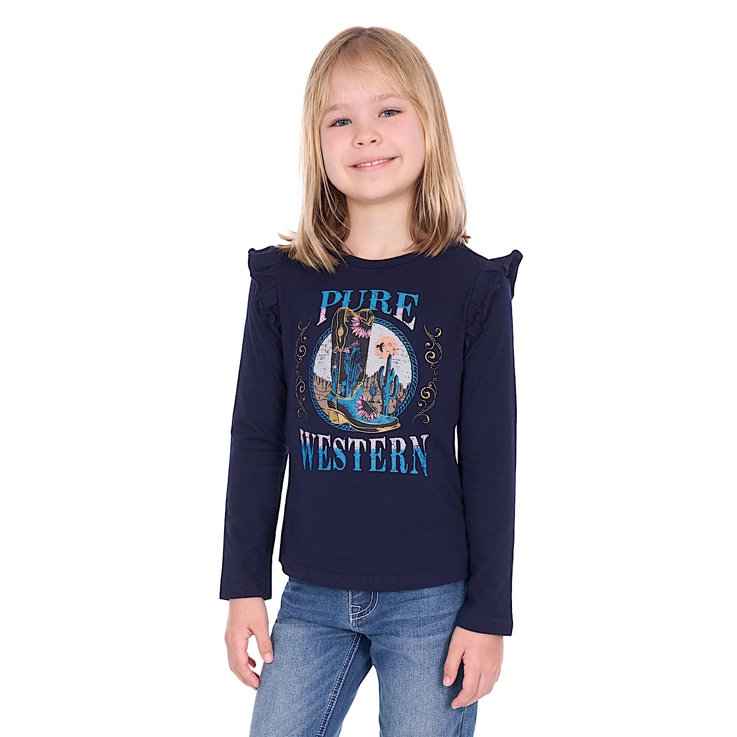 Pure Western Girl's Trinity Long Sleeve T-Shirt - Navy