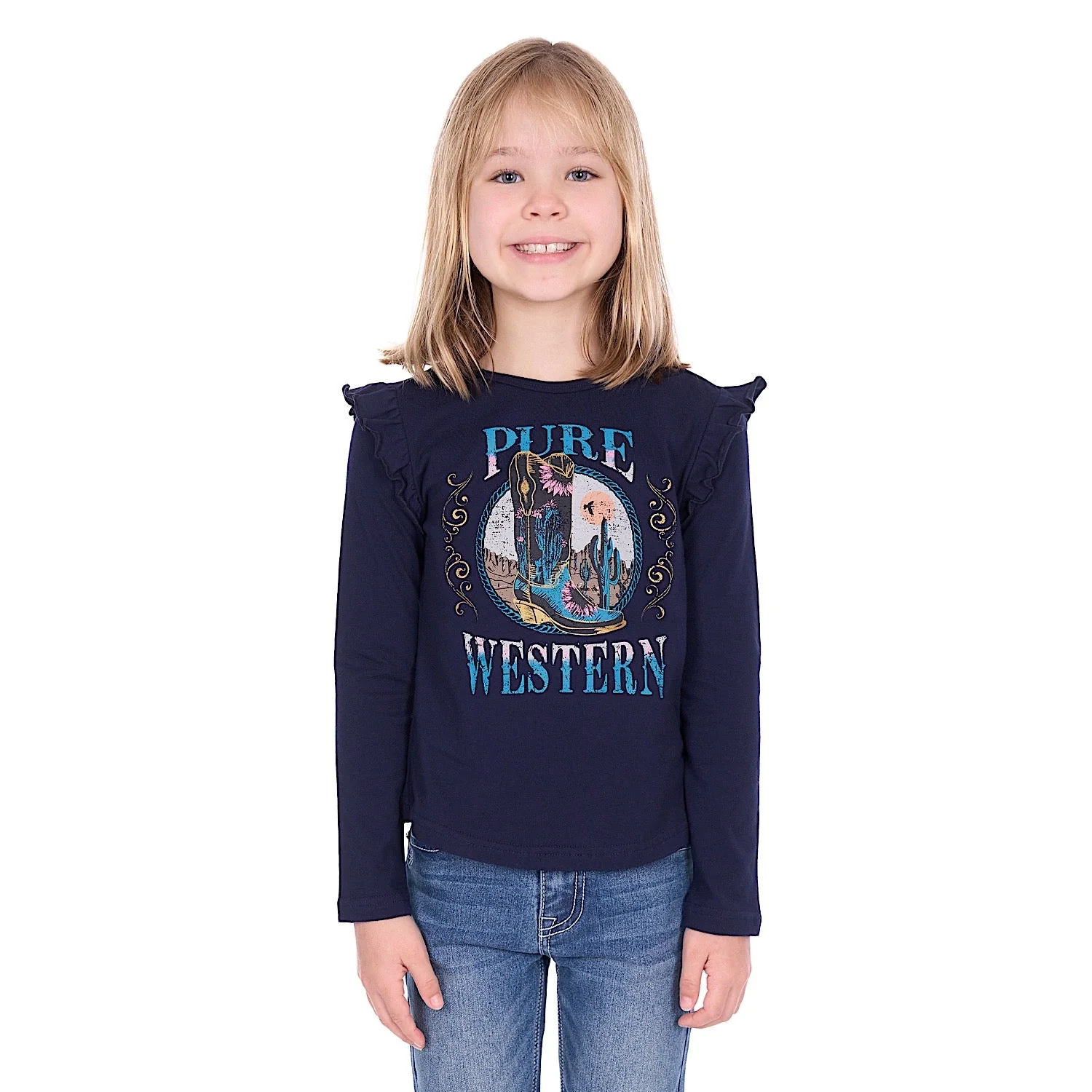 Pure Western Girl's Trinity Long Sleeve T-Shirt - Navy - Image 2