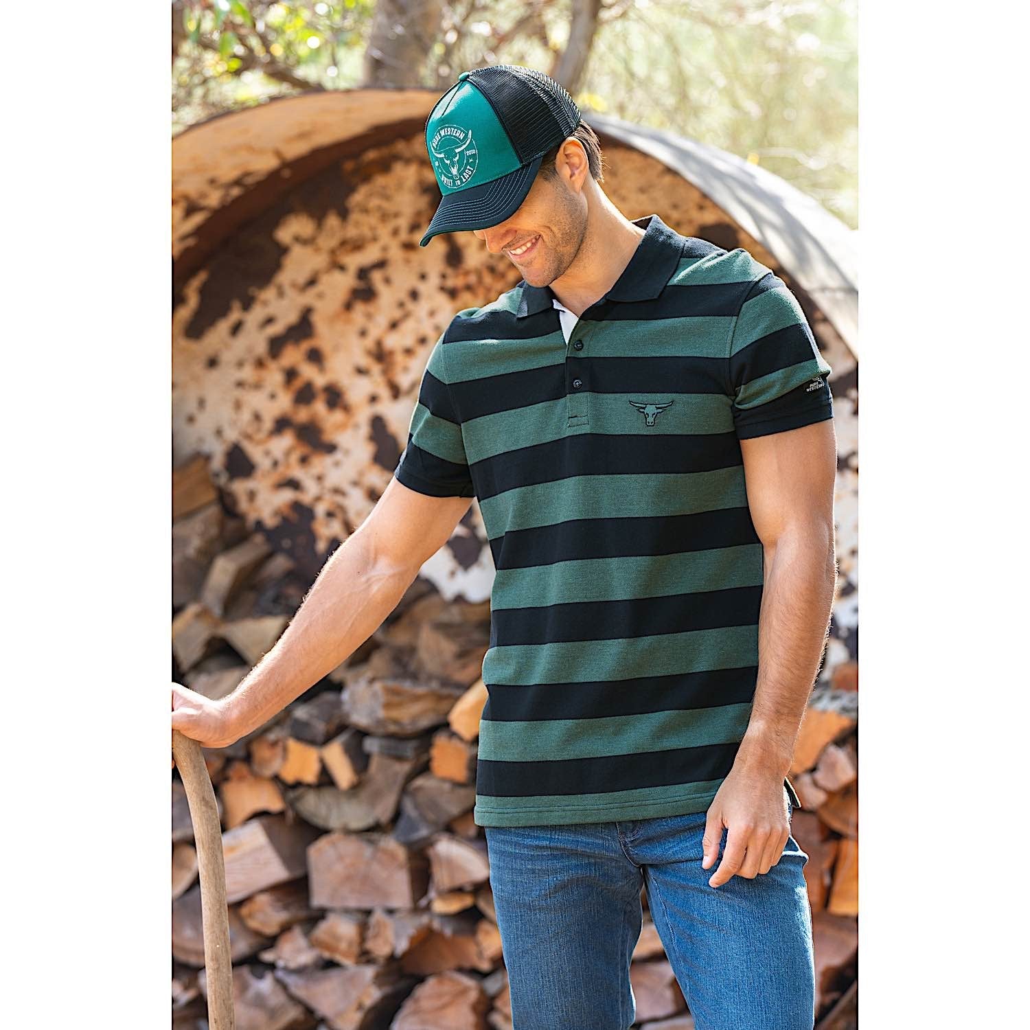 Pure Western Mens Allington Polo-Black/Green Marle - Image 4