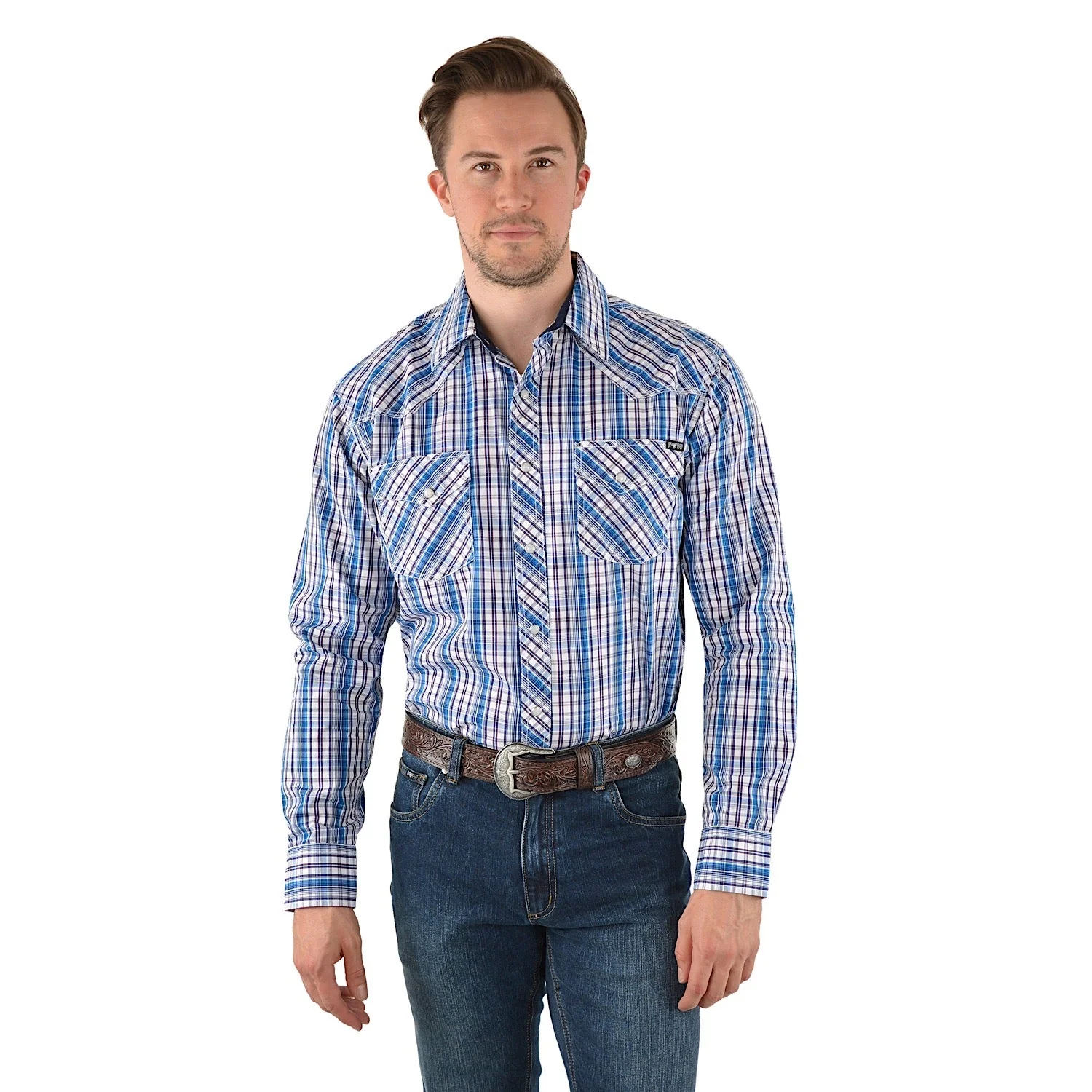 Pure Western Men's Bolt Check Western Long Sleeve Shirt-Navy/Blue