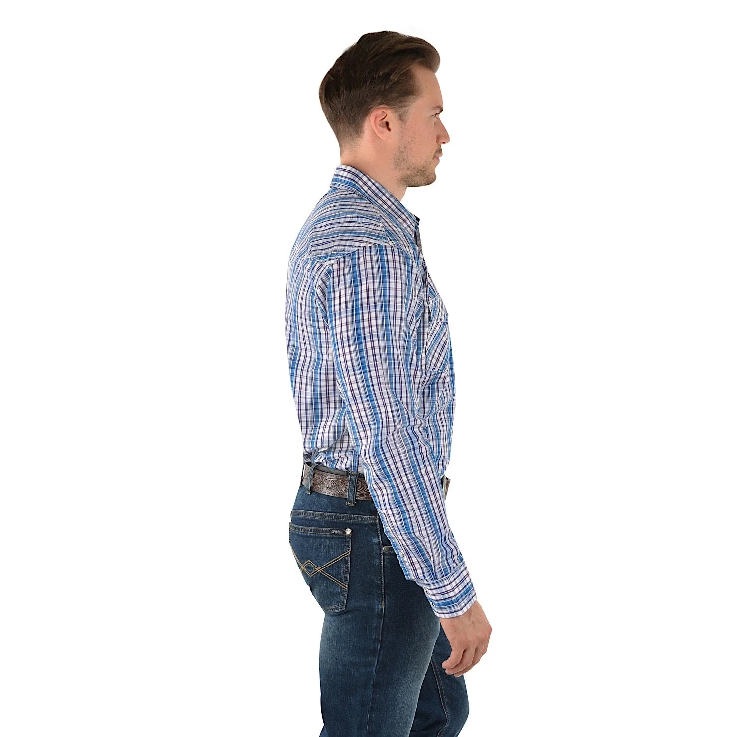 Pure Western Men's Bolt Check Western Long Sleeve Shirt-Navy/Blue - Image 2