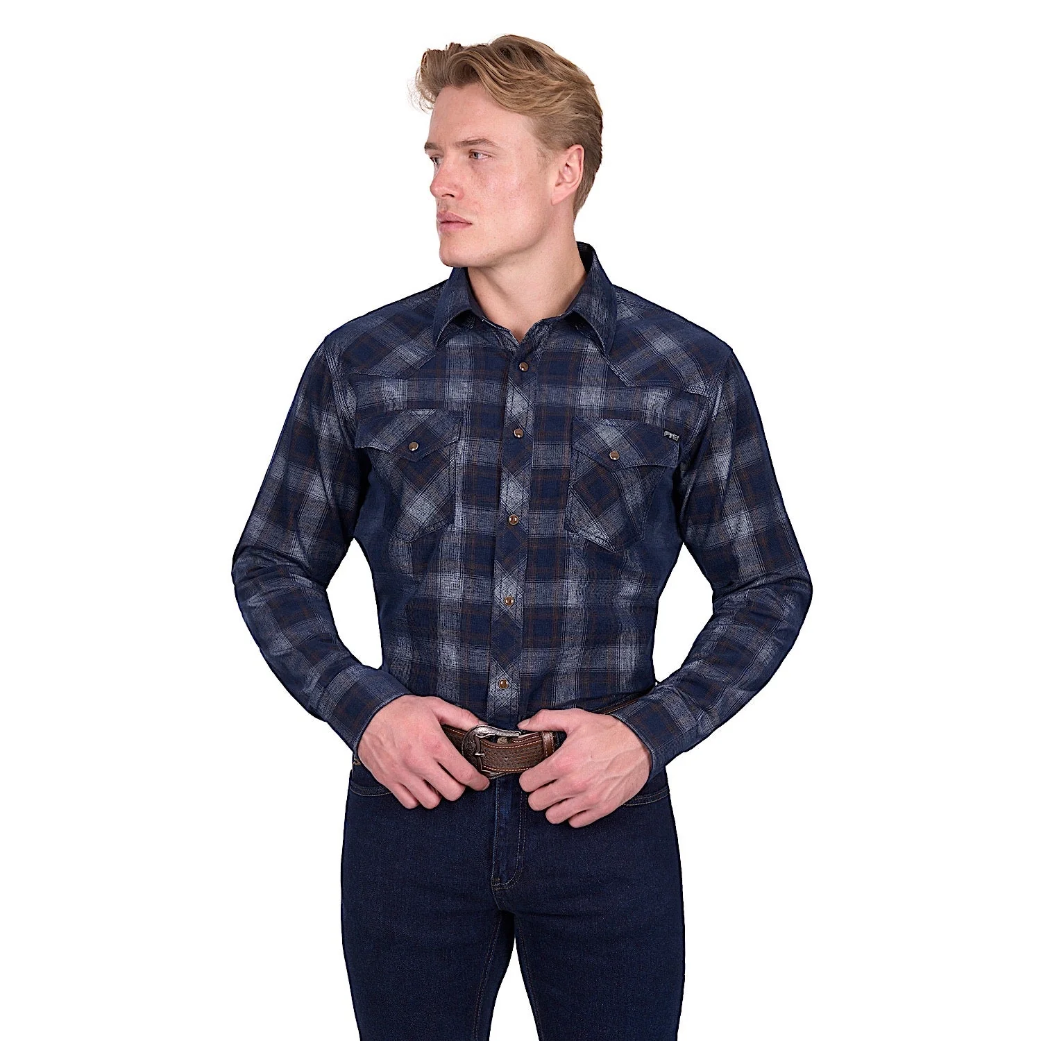 Pure Western Men's Harley Shirt - Navy/Tan