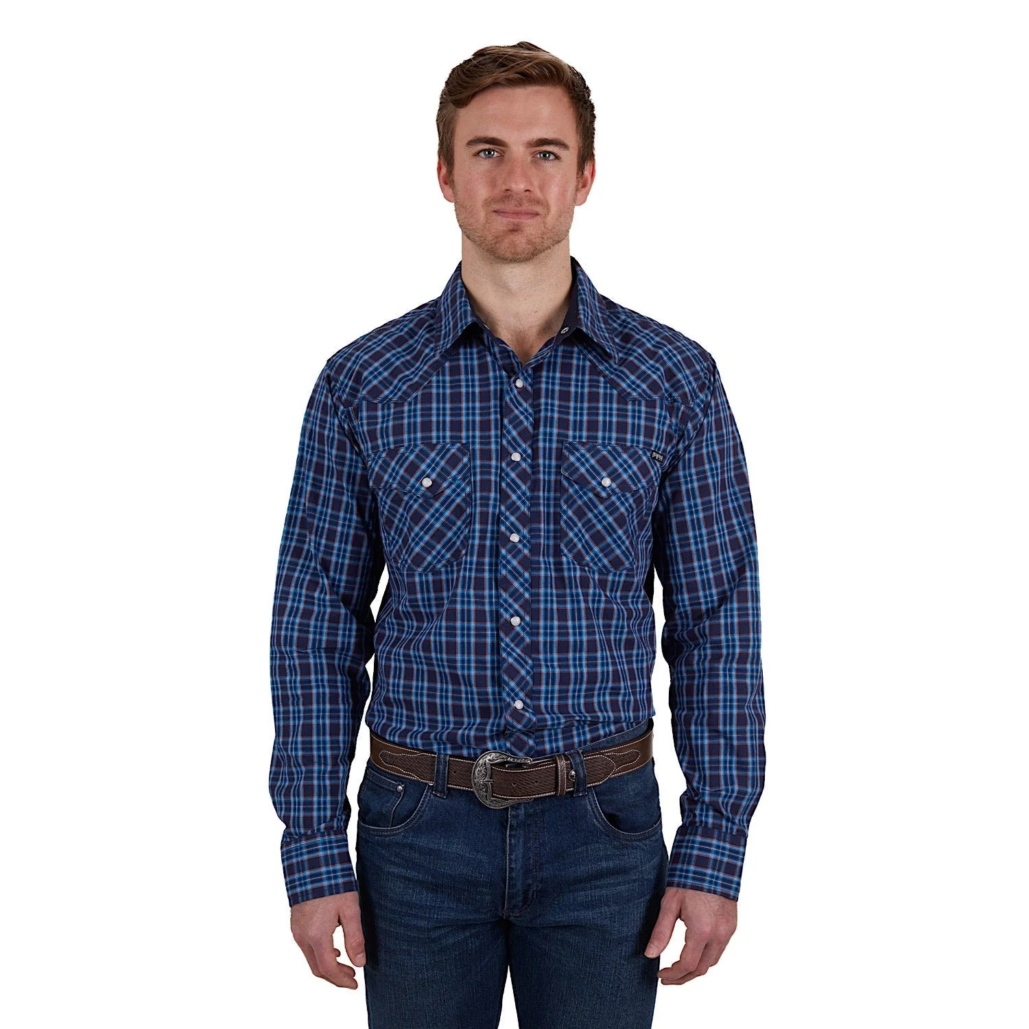 Pure Western Men's Rowan Check Western Shirt - Navy/Red