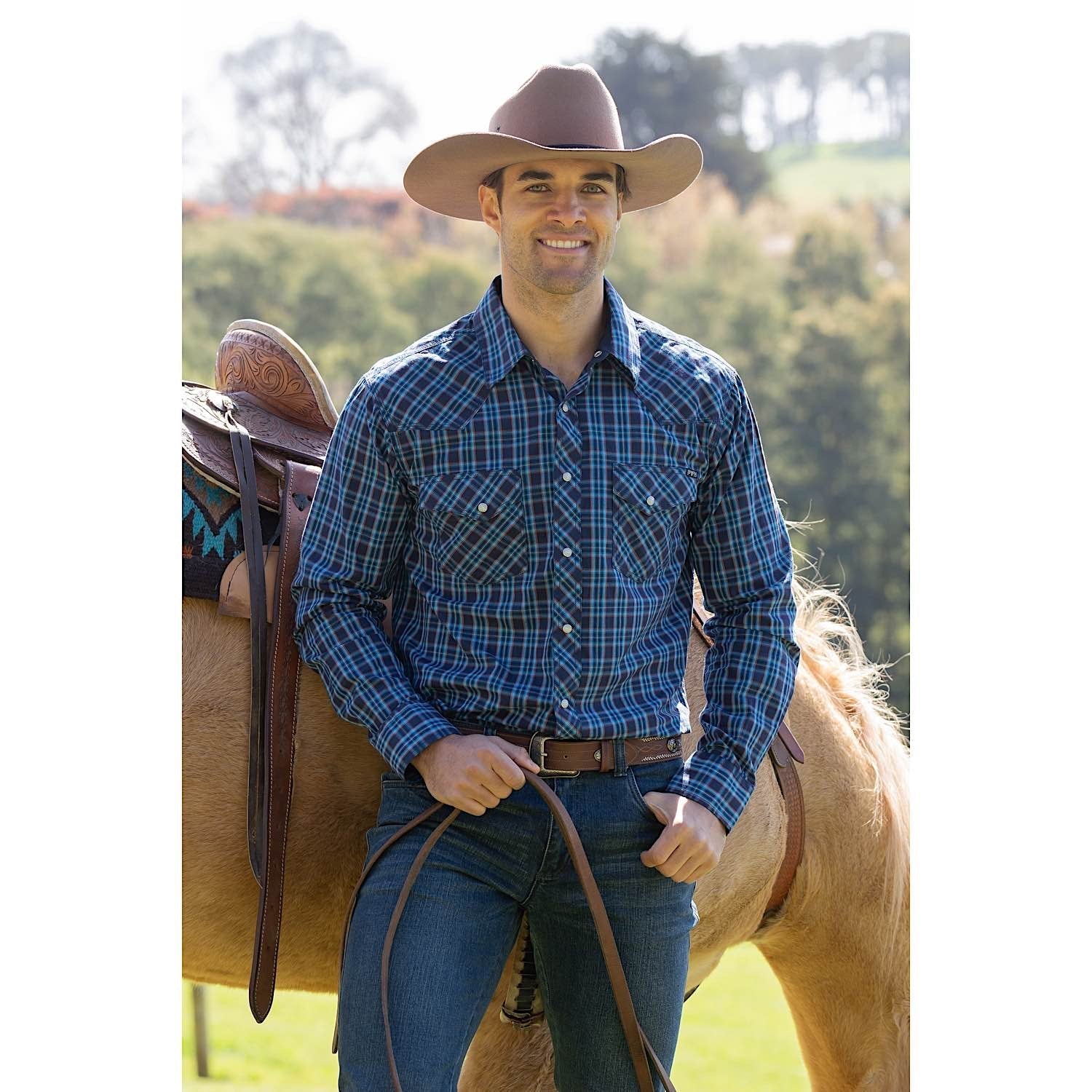 Pure Western Men's Rowan Check Western Shirt - Navy/Red - Image 4