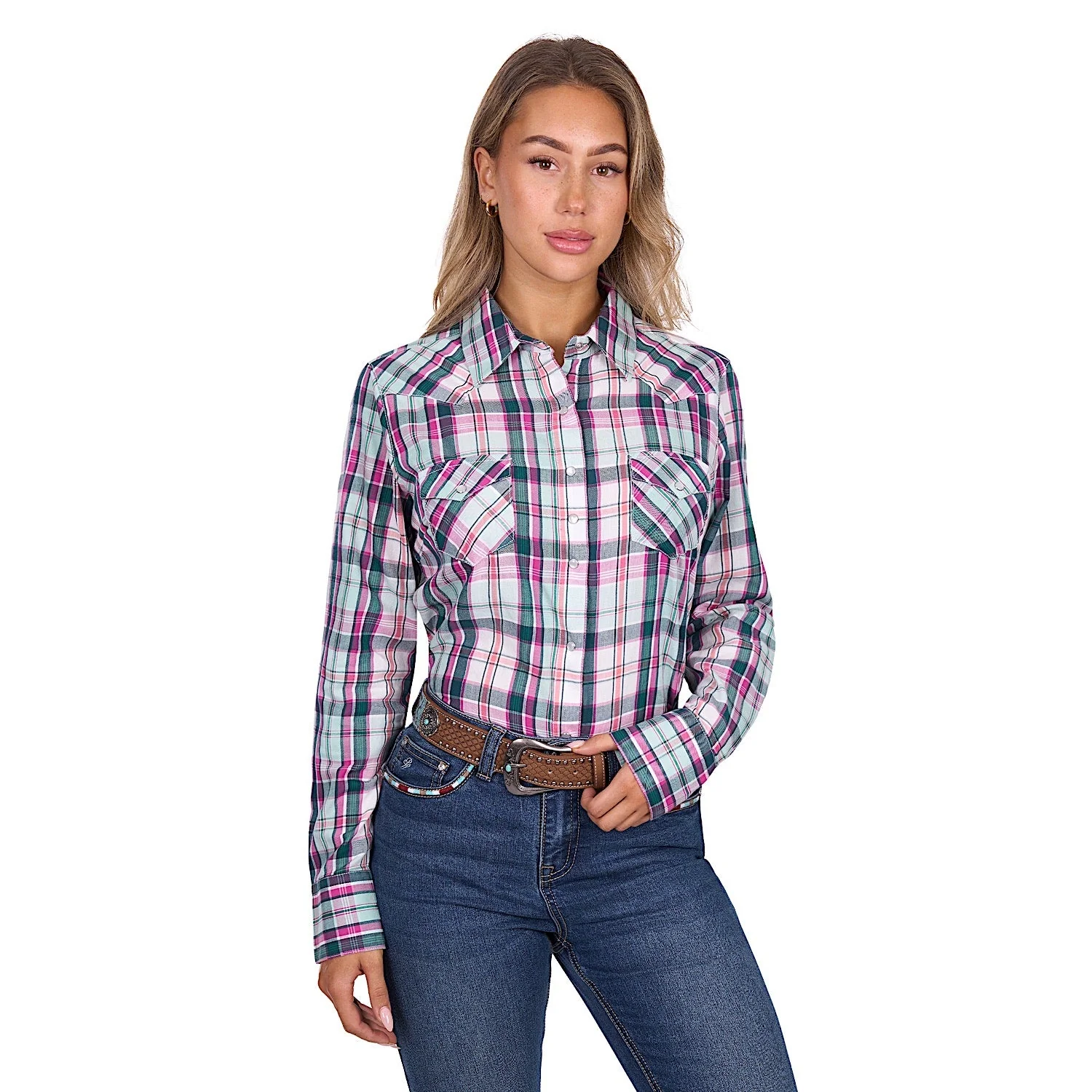 Pure Western Women's Nicola Shirt - Pink/Turquoise Check