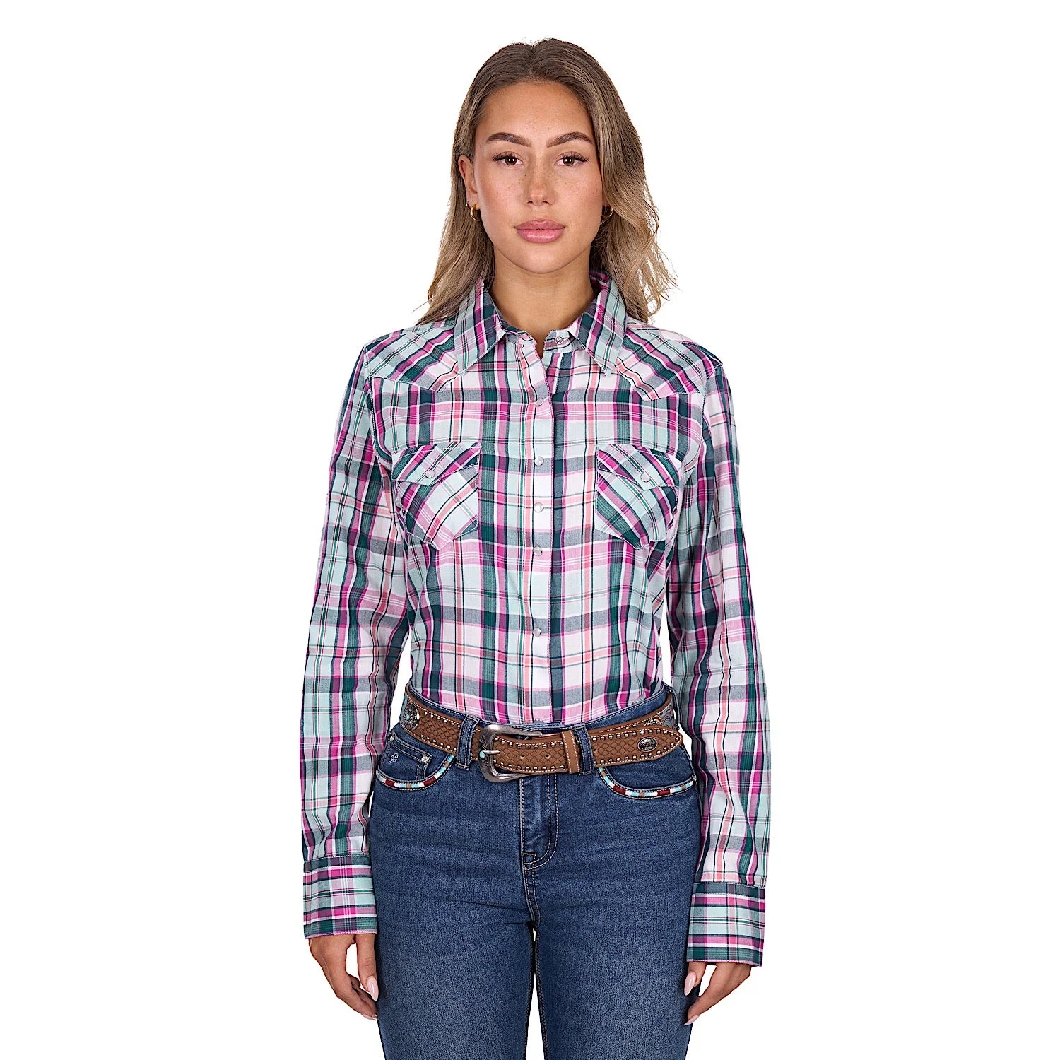Pure Western Women's Nicola Shirt - Pink/Turquoise Check - Image 2