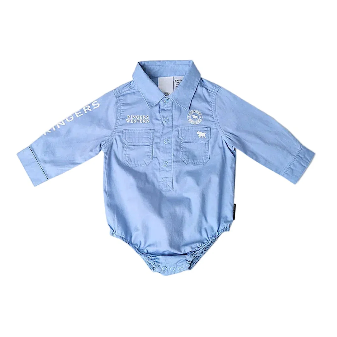Ringers Western Babies Howdy Tot Long Sleeve Work Shirt Romper - Blue/White - Image 2
