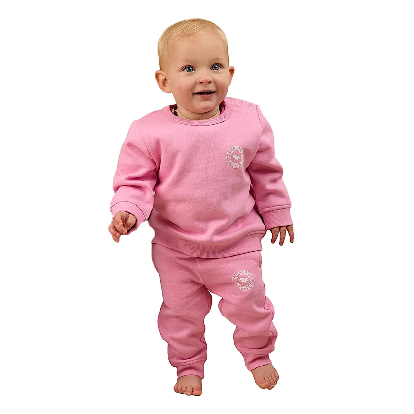 Ringers Western Babies Mini Ringer Signature Bull Fleece Pullover - Pink/White