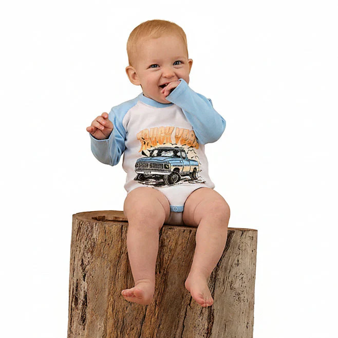 Ringers Western Babies Trucker Kid Long Sleeve Romper - White/Blue
