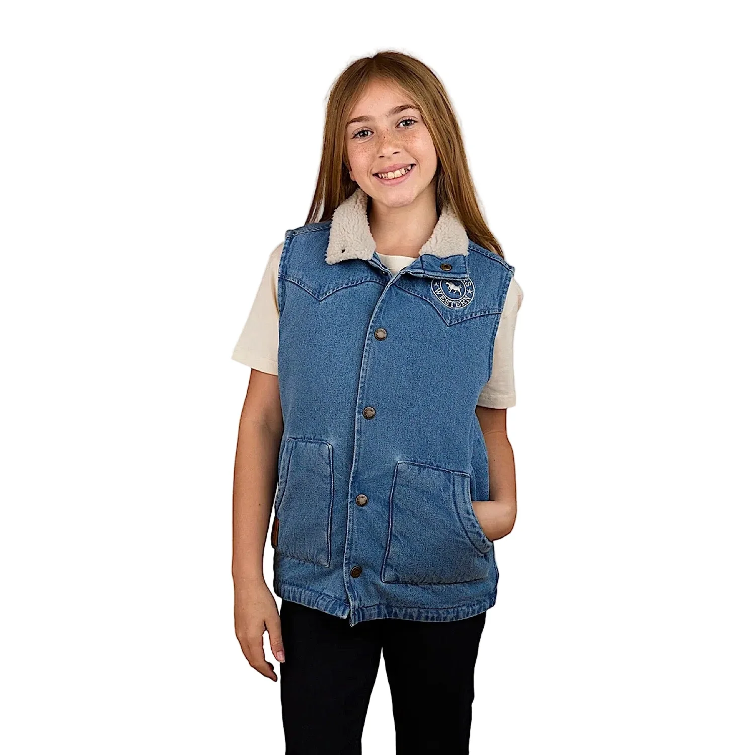 Ringers Western Girl's Ruby Denim Sherpa Vest - Mid Wash Blue