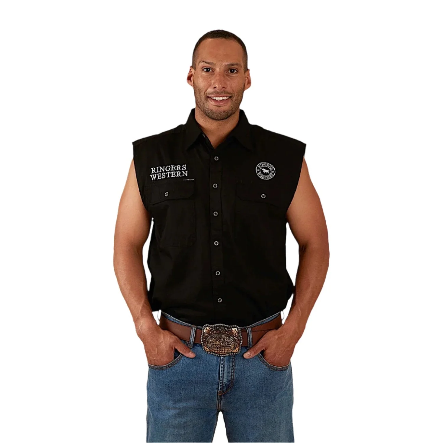 Ringers Western Men's Hawkeye Sleeveless Work Shirt - Black/White - Image 2