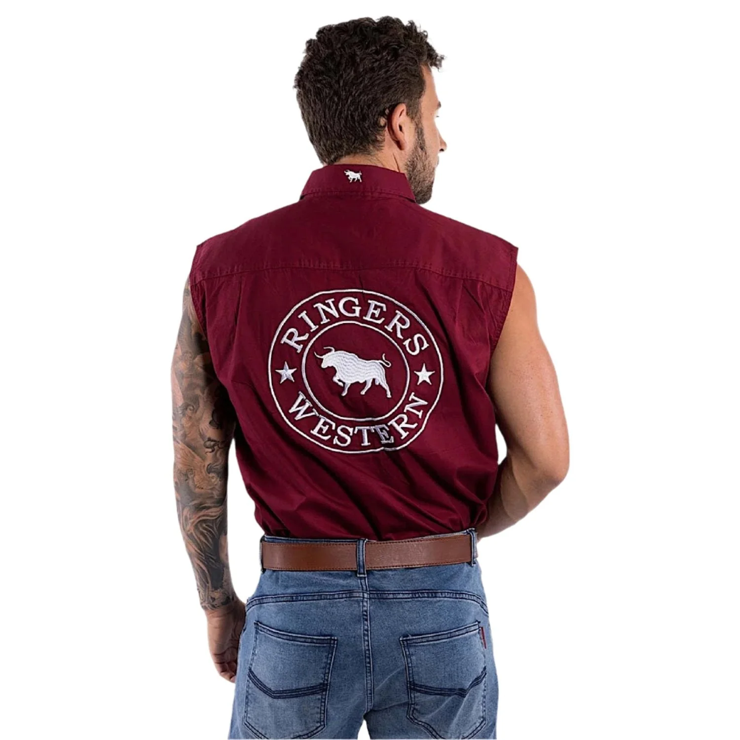 Ringers Western Hawkeye Men's Sleeveless Work Shirt - Burgundy/White - Image 2