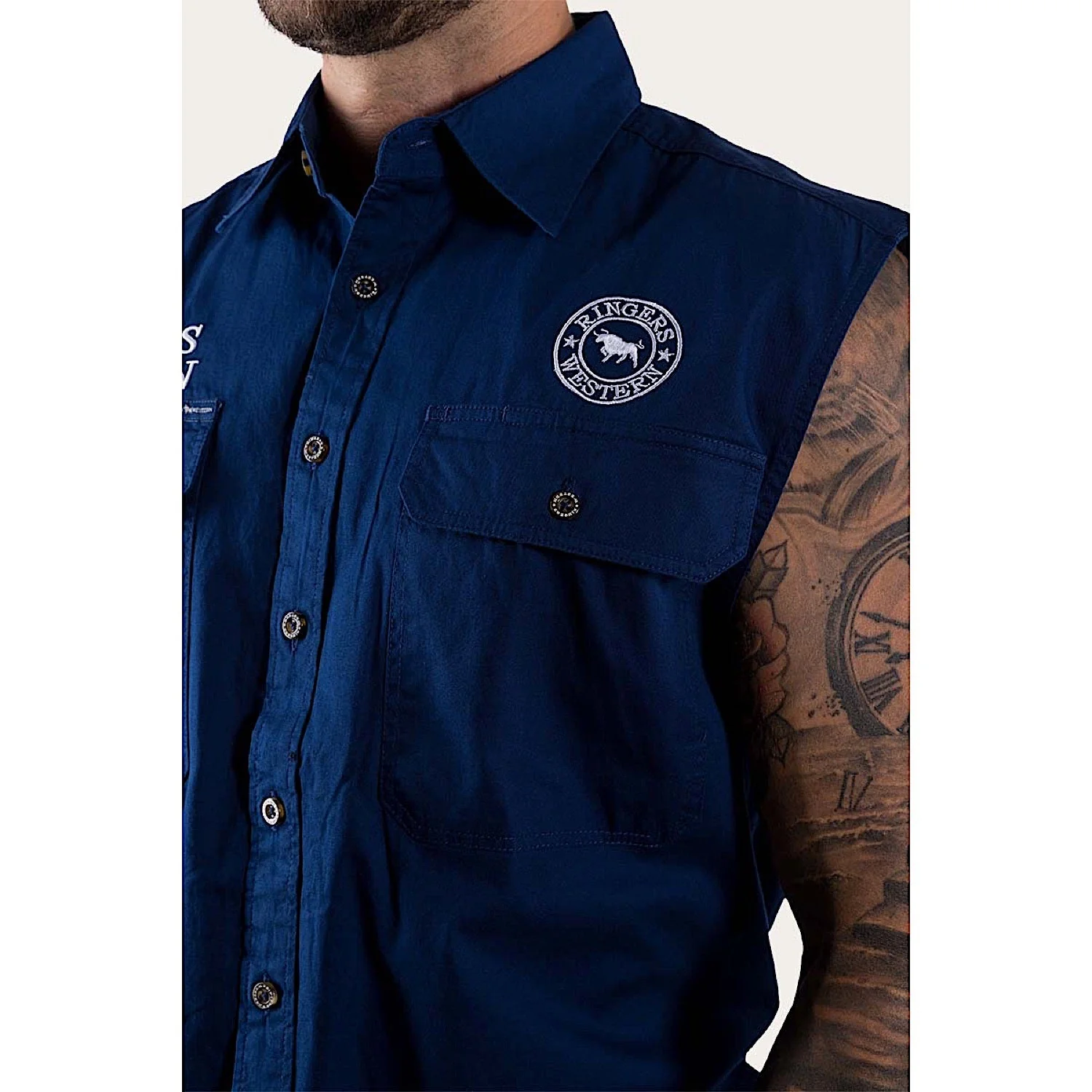 Ringers Western Men's Hawkeye Sleeveless Work Shirt - Navy/White - Image 2