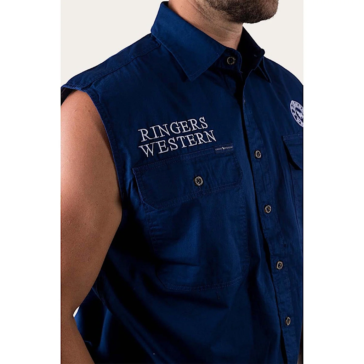 Ringers Western Men's Hawkeye Sleeveless Work Shirt - Navy/White - Image 3