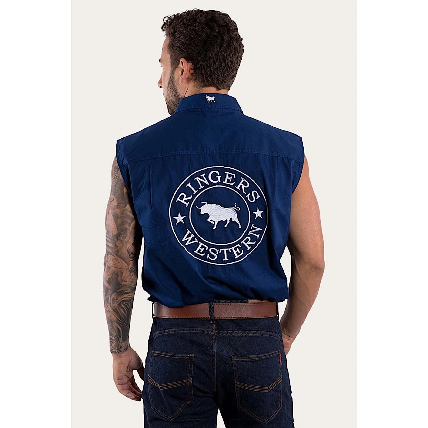 Ringers Western Men's Hawkeye Sleeveless Work Shirt - Navy/White - Image 4