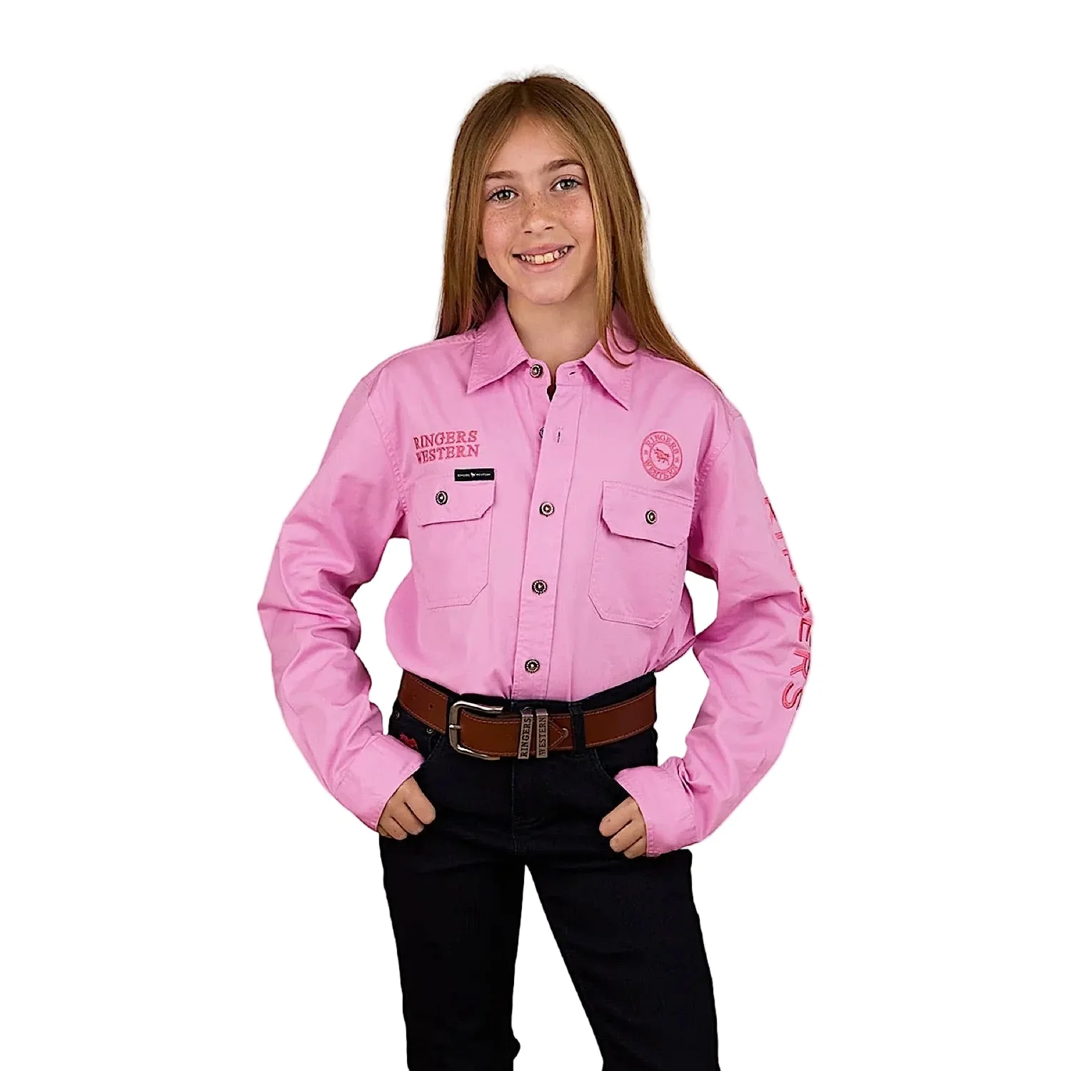 Ringers Western Kid's Jackaroo Full Button Printed Work Shirt - Pastel Pink