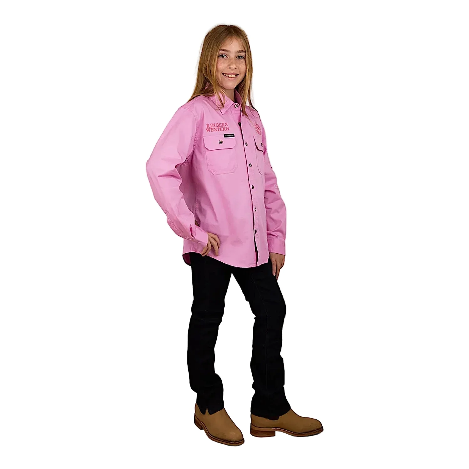 Ringers Western Kid's Jackaroo Full Button Printed Work Shirt - Pastel Pink - Image 2