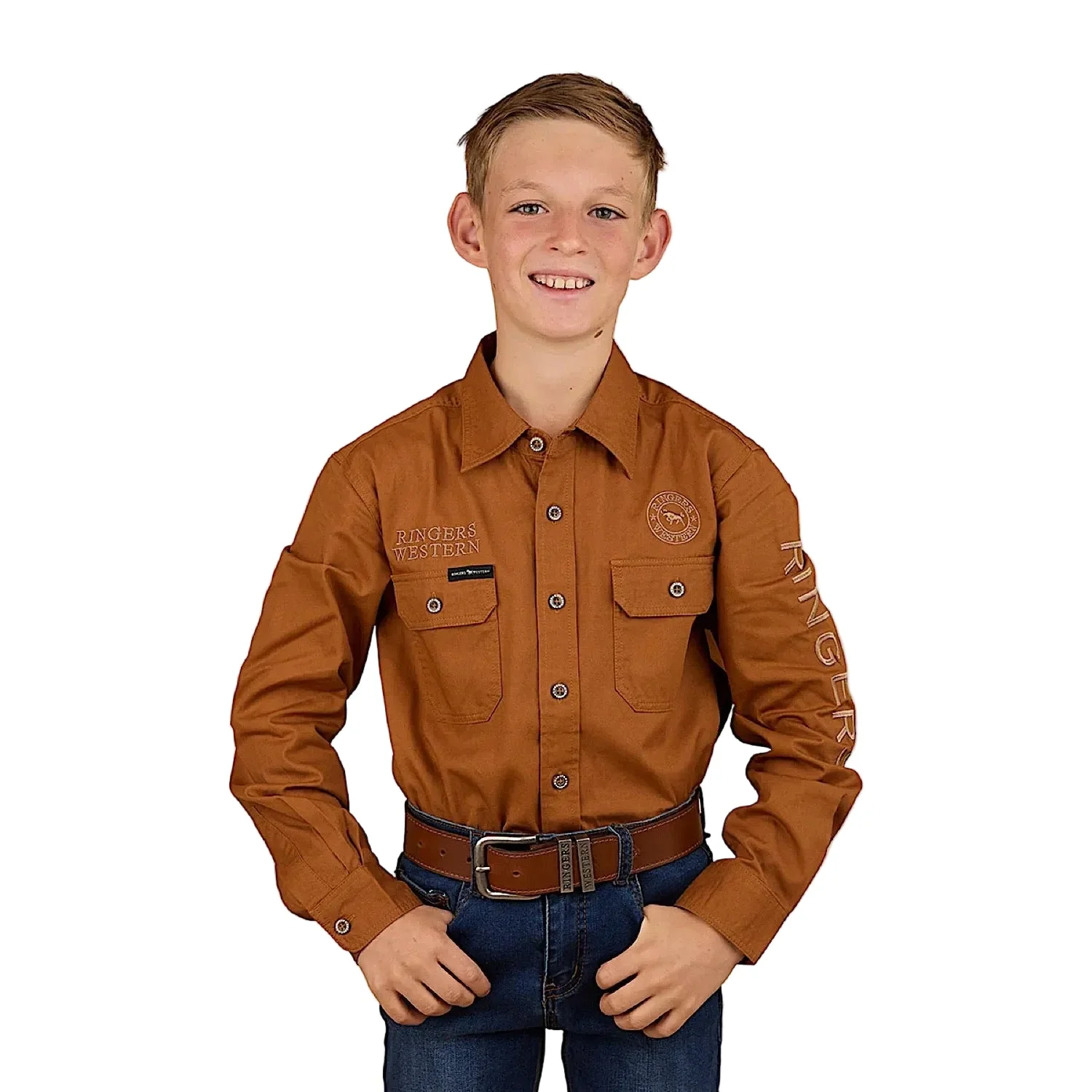 Ringers Western Kid's Jackaroo Full Button Printed Work Shirt - Tobacco