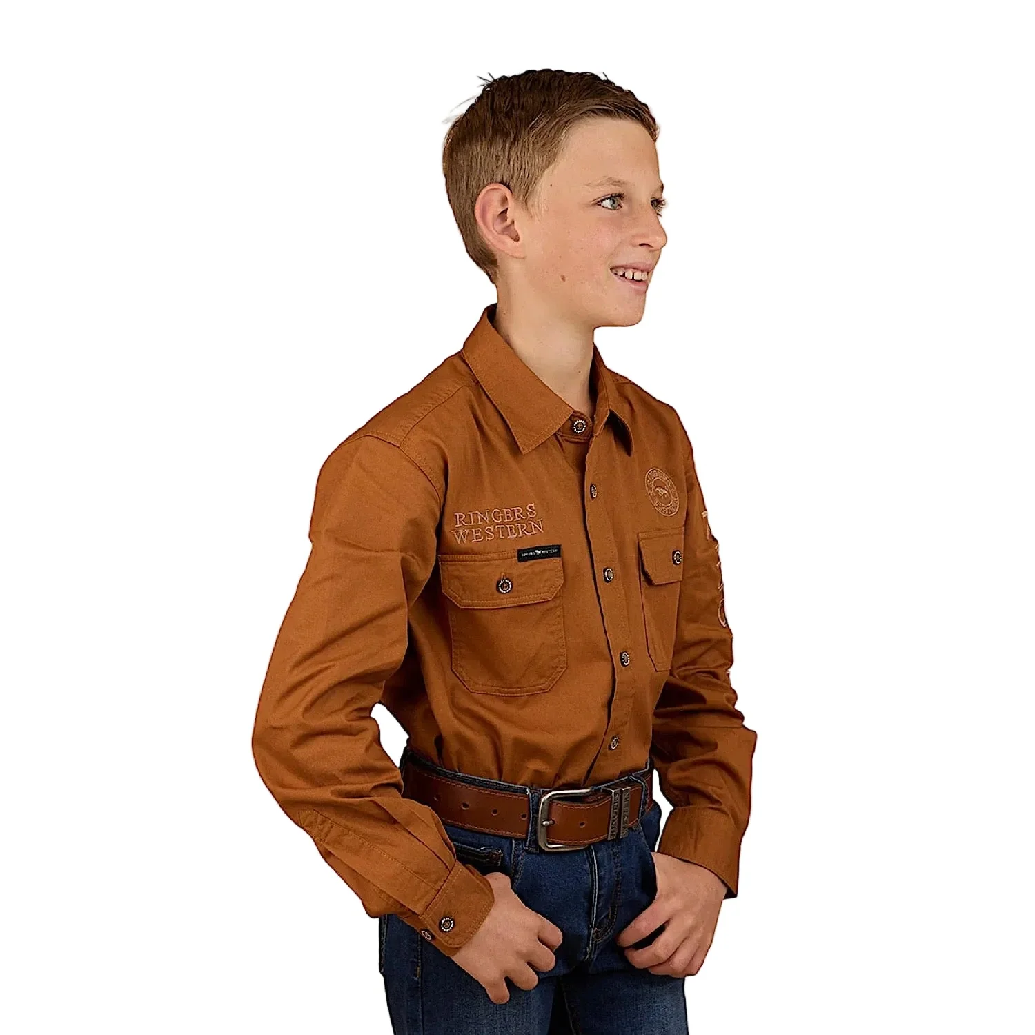 Ringers Western Kid's Jackaroo Full Button Printed Work Shirt - Tobacco - Image 3
