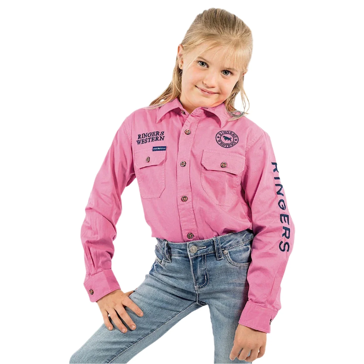 Ringers Western Kid's Jackaroo Full Button Shirt - Pastel Pink / Navy - Image 2