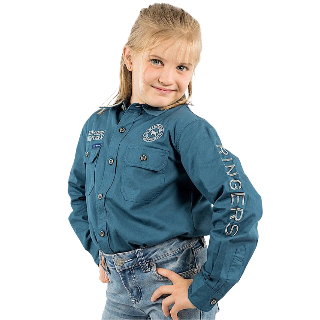 Ringers Western Kid's Jackaroo Full Button Shirt - Petrol Blue / Ultimate Grey - Image 2