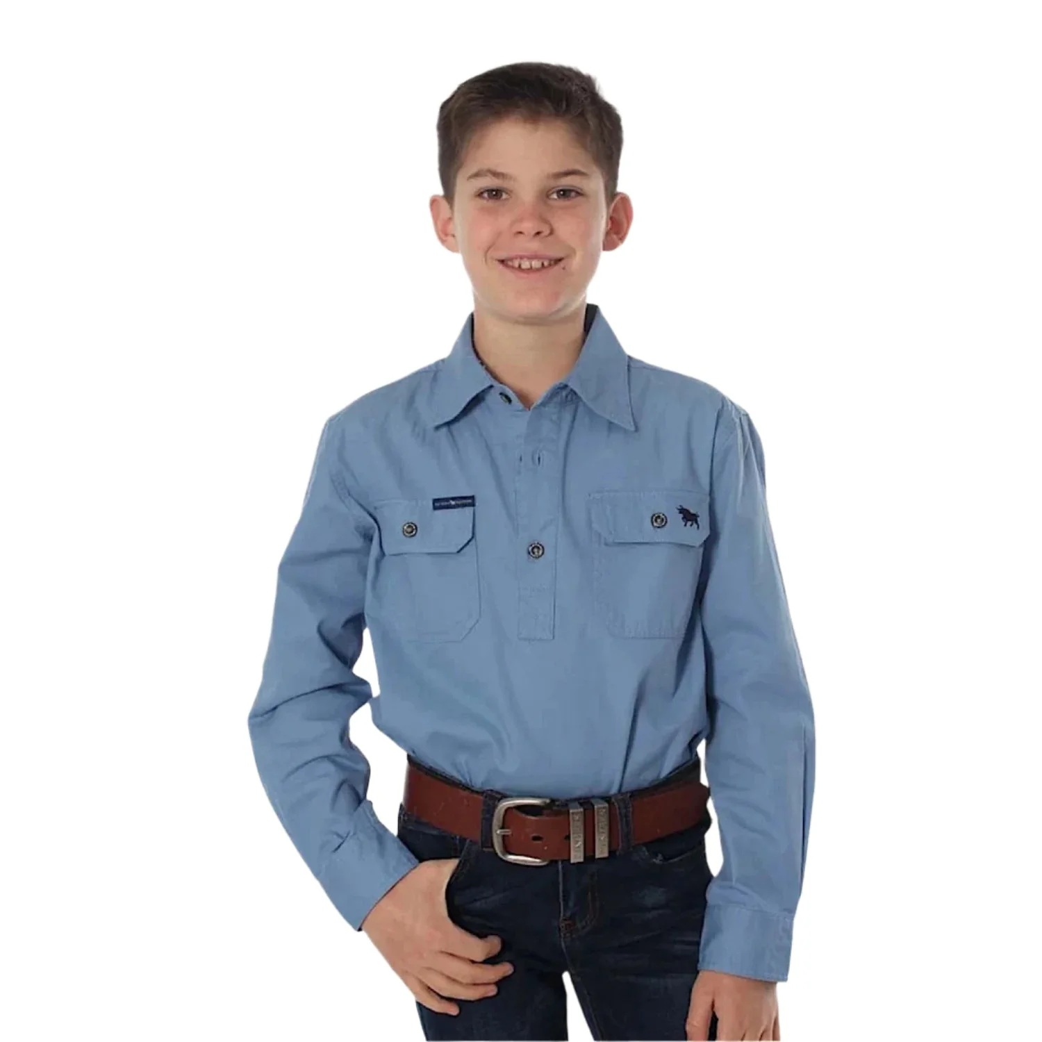 Ringers Western Kid's Ord River Half Button Work Shirt - Denim Blue