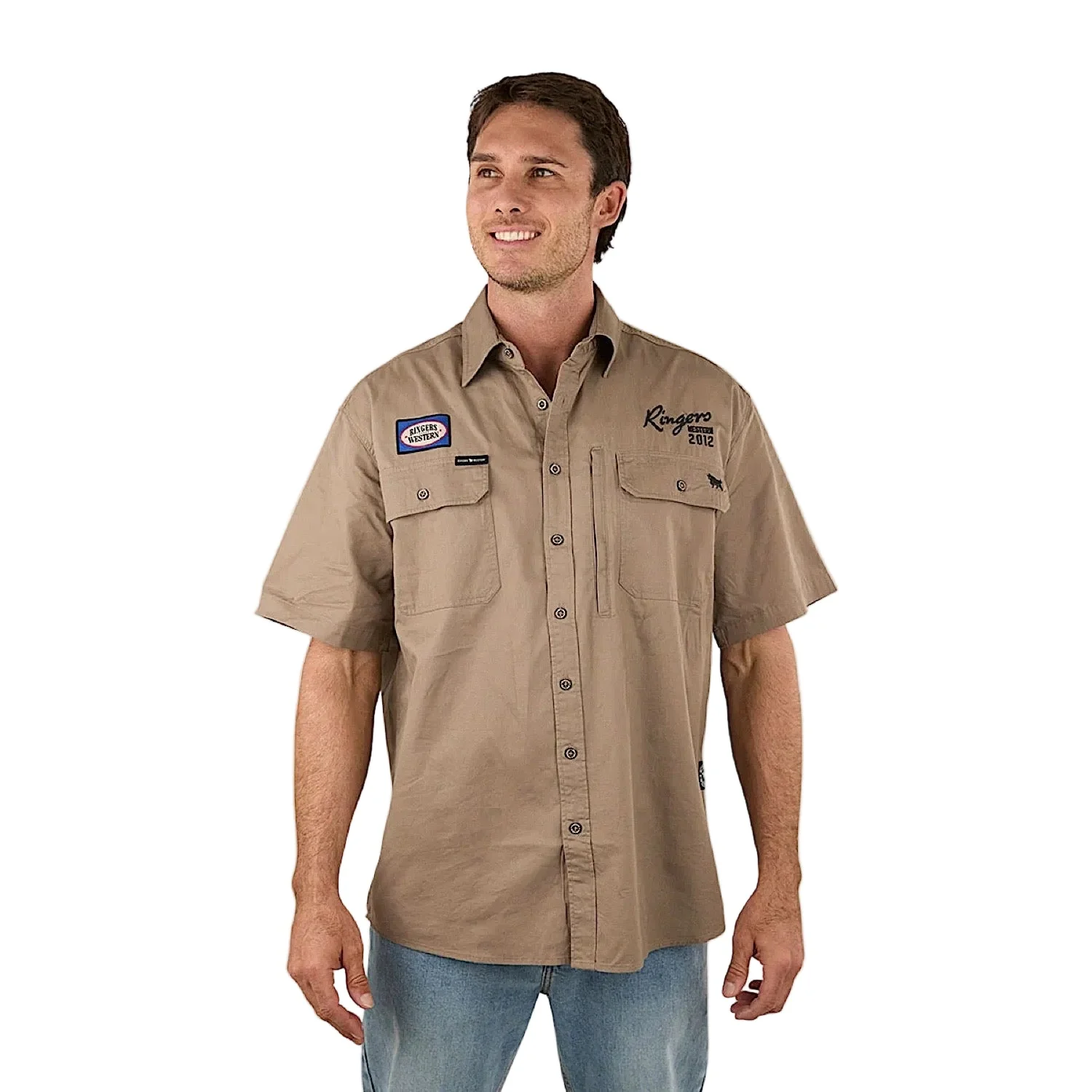 Ringers Western Men's Bull Dodger Full Button Short Sleeve Work Shirt - Mushroom - Image 2