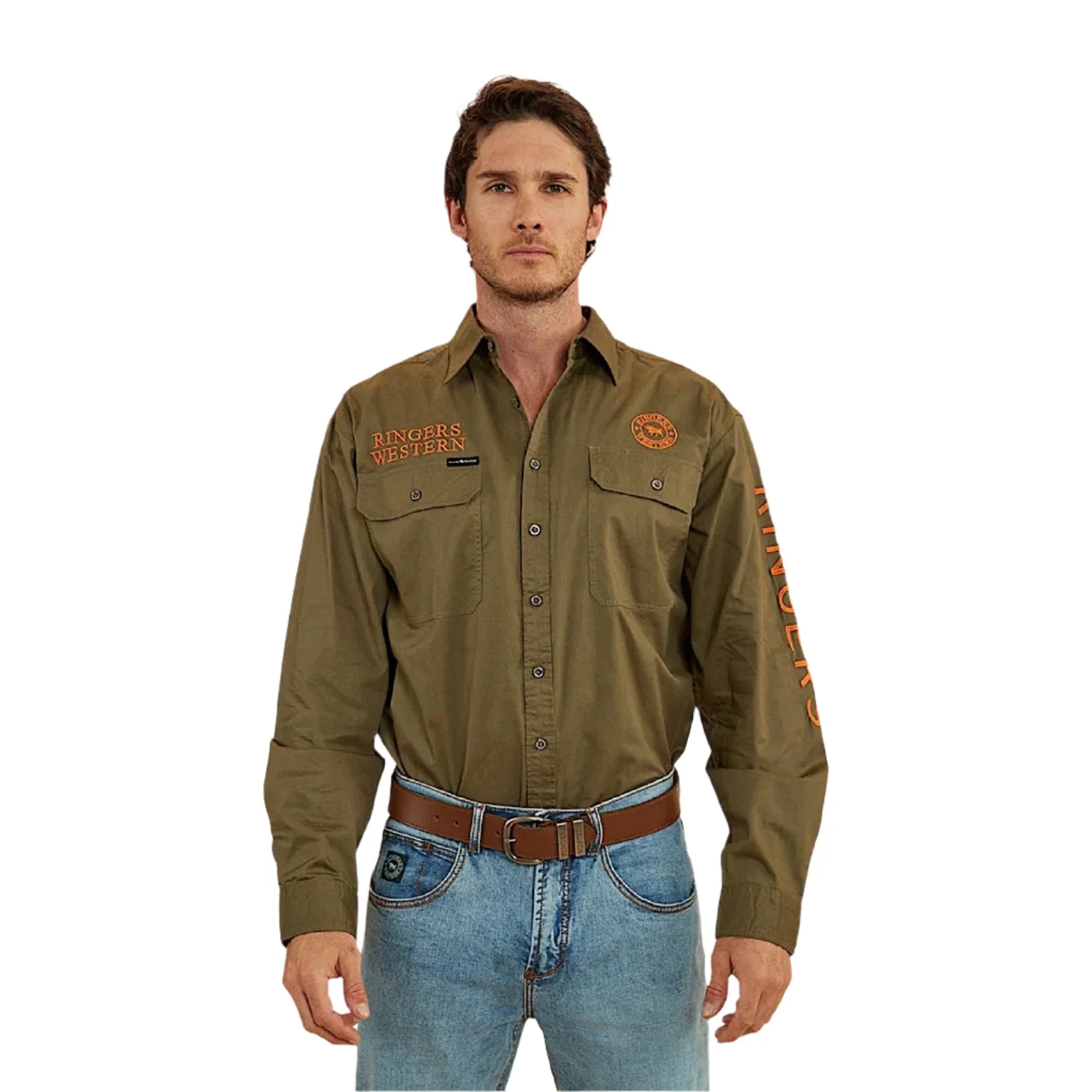 Ringers Western Men's Hawkeye Full Button Work Shirt - Military Green/Orange