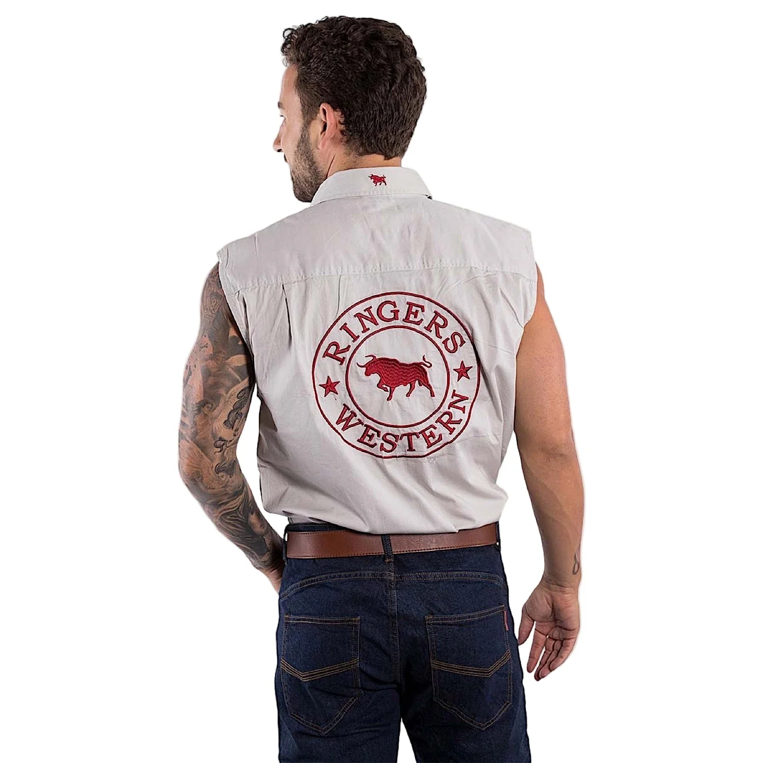 Ringers Western Men's Hawkeye Sleeveless Work Shirt - Beige/Dark Red - Image 2