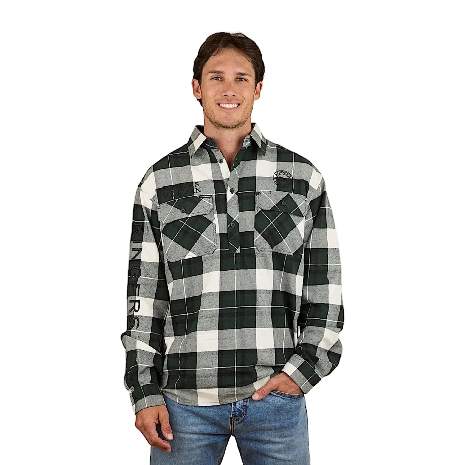 Ringers Western Men's Kingswood Half Button Flannel - Pine / White