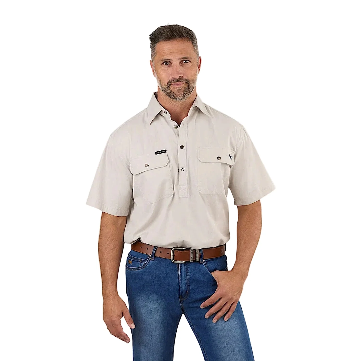 Ringers Western Men's Pack Saddle Short Sleeve Half Button Work Shirt - Beige