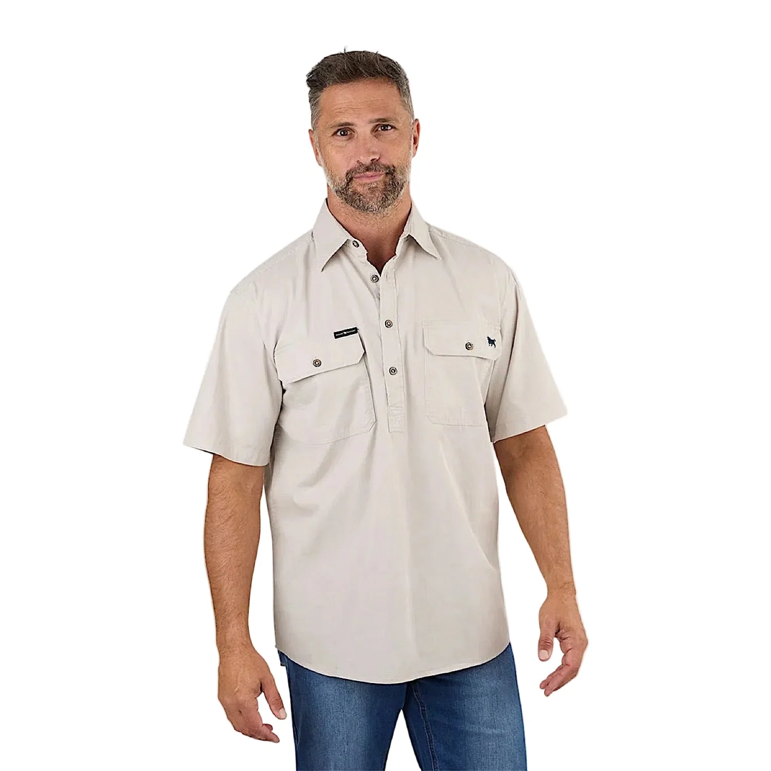 Ringers Western Men's Pack Saddle Short Sleeve Half Button Work Shirt - Beige - Image 3